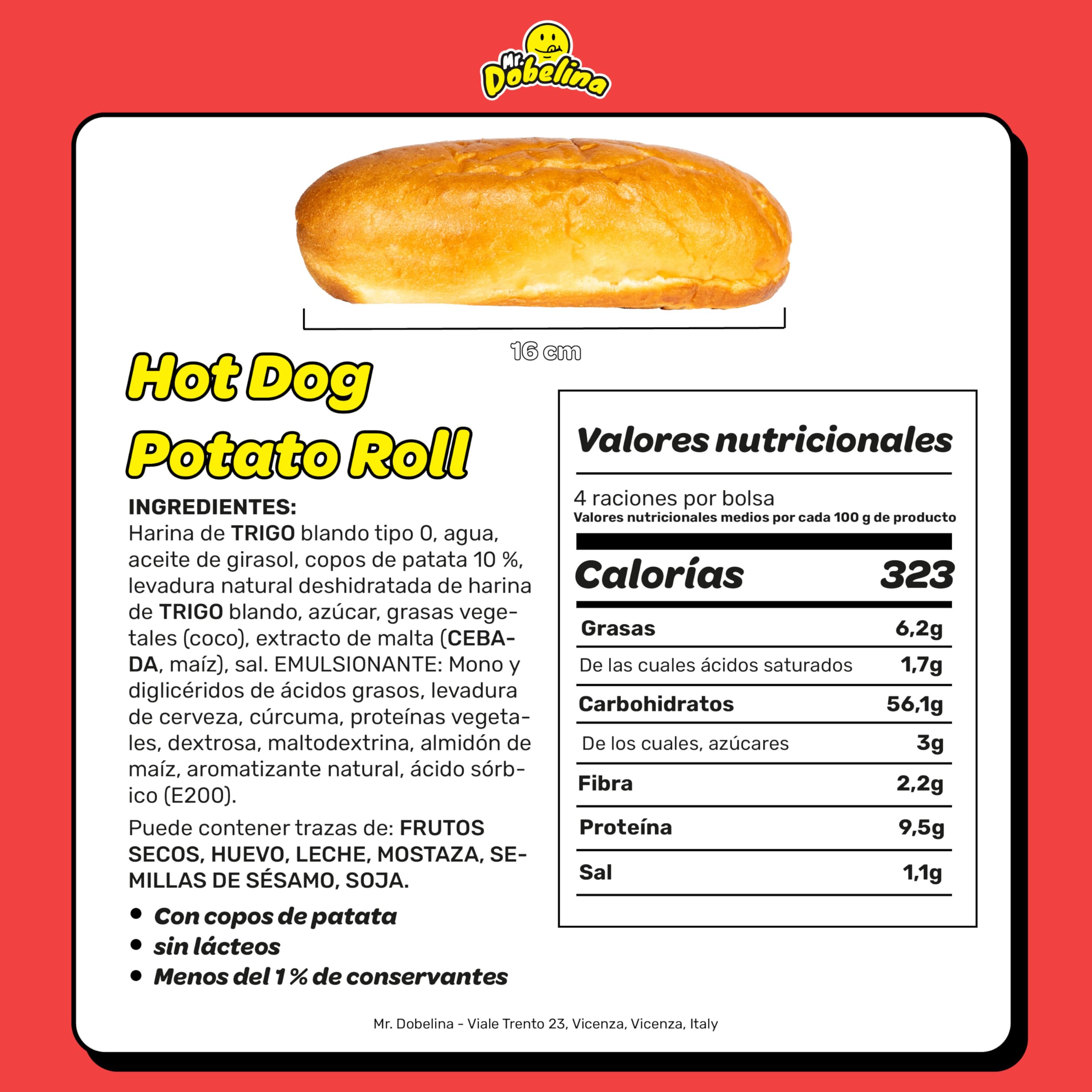 Mr.Dobelina Panecillos de patata para perritos calientes, 6 paquetes 4x60g y 16cm, blandos y dorados, sin lactosa, ideales para perritos calientes al estilo americano, sin conservantes ni aditivos