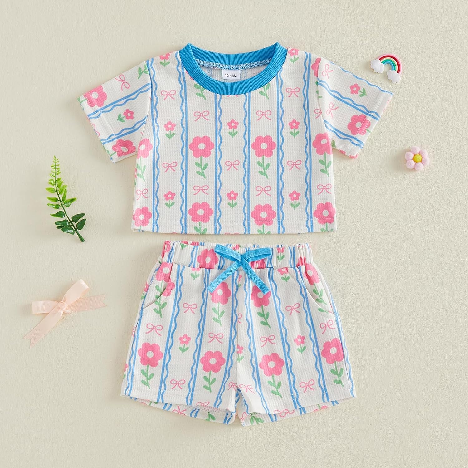 GOOCHEER Toddler Baby Girl Summer Outfit Daisy Floral Print Waffle Short Sleeve T-Shirt Tops Shorts Infant 2Pcs Clothes Set - Image 3