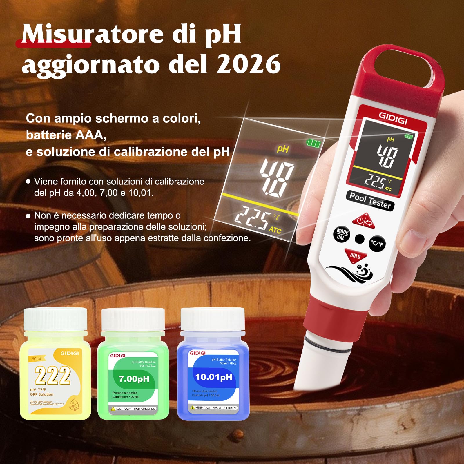 Misuratore di pH e cloro 7 in 1 per piscine,tester ORP salinità,test pH, CL,sale,ORP,EC,TDS e temperatura,per acquari,idroponica,acqua potabile e vasche idromassaggio,con liquidi calibrazione
