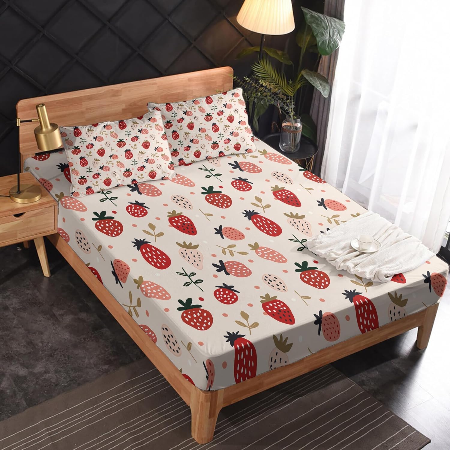 Strawberry Sheets Queen Size & Bedroom Decor - Girls Cute Fruit Bed Sheets - Soft Breathable Microfiber Deep Pocket Patterned Bedding Sheets & Pillowcases