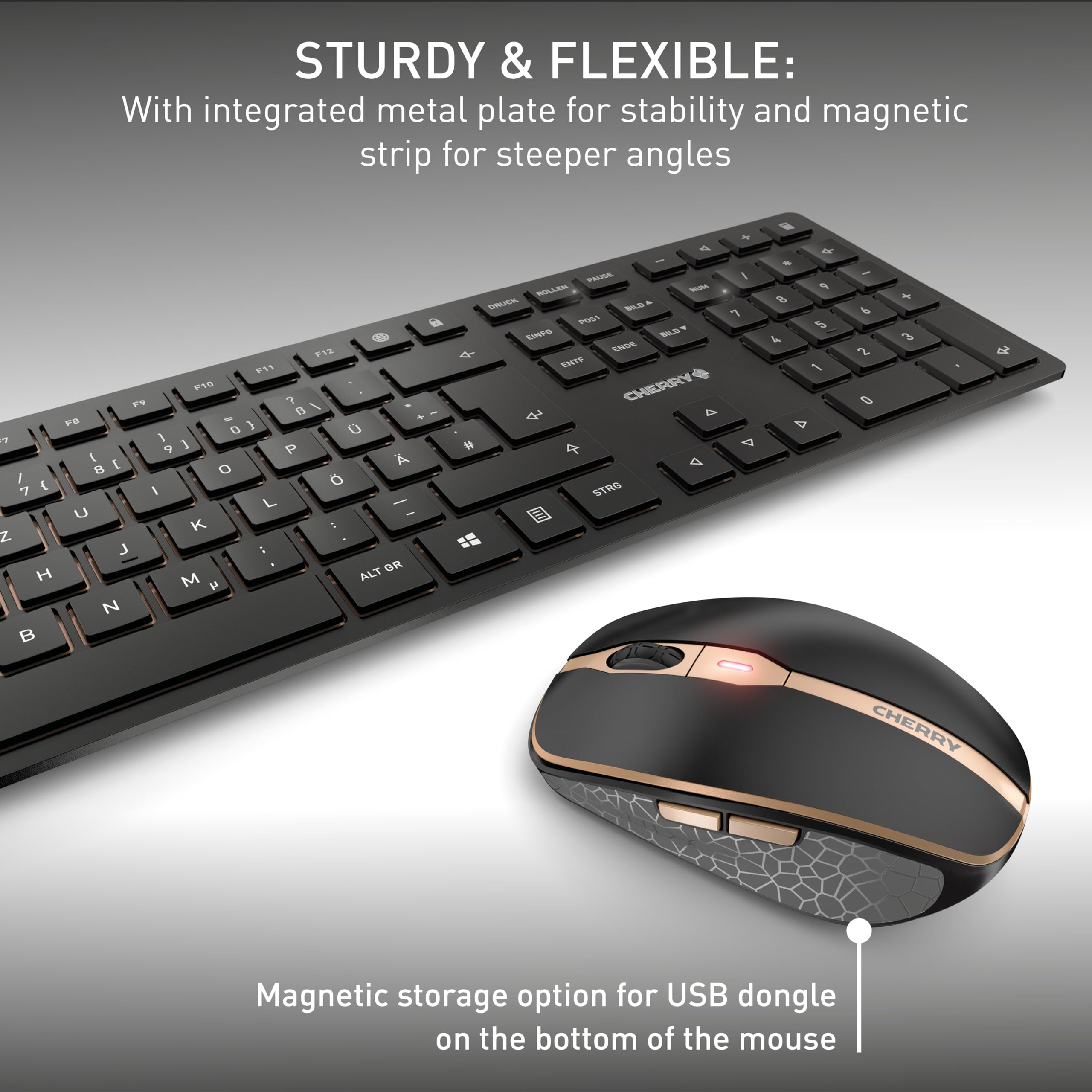 CHERRY DW 9100 SLIM, bezprzewodowa klawiatura i mysz, układ międzynarodowy, klawiatura QWERTY, akumulatory, mechanizm nożycowy SX, ciche naciskanie klawiszy, czarno-brązowy