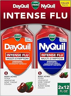DayQuil & NyQuil Intense Flu Liquid, Value Pack, Over-The-Counter, Multi-Symptom, Powerful Relief for Body Aches, Fever, Headache, Sore Throat, and Cough, 6 Hour Relief, Cherry Flavor, 12 FL OZ