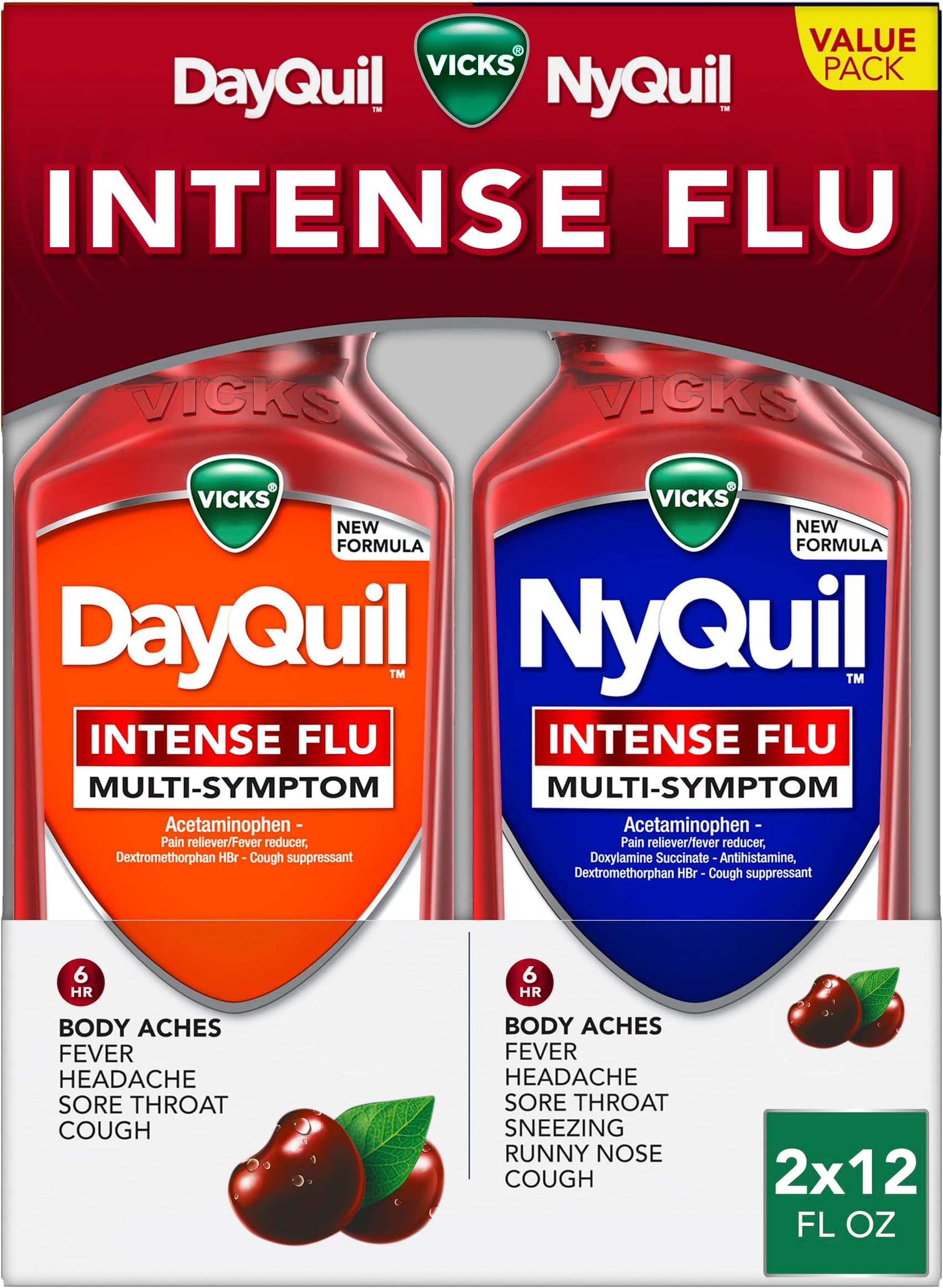 DayQuil & NyQuil Intense Flu Liquid, Value Pack, Over-the-Counter, Multi-Symptom, Powerful Relief for Body Aches, Fever, Headache, Sore Throat, and Cough, 6 Hour Relief, Cherry Flavor, 12 FL OZ