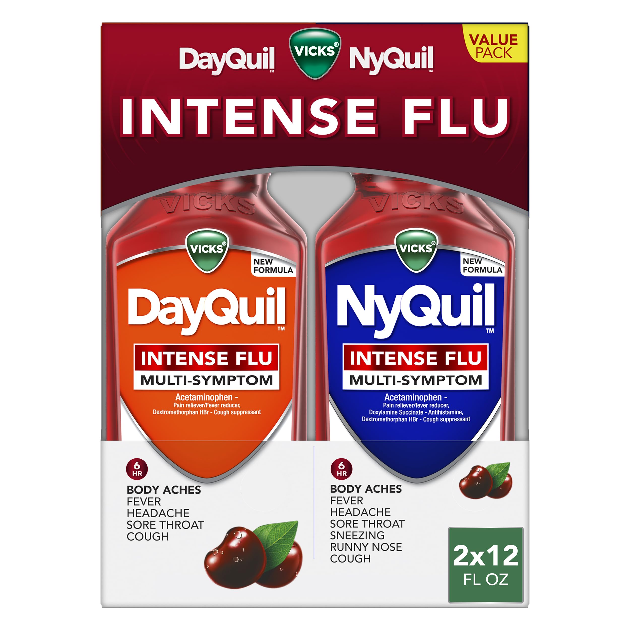 VicksDayQuil & NyQuil Intense Flu Liquid, Value Pack, Over-The-Counter, Multi-Symptom, Powerful Relief for Body Aches, Fever, Headache, Sore Throat, and Cough, 6 Hour Relief, Cherry Flavor, 12 FL OZ