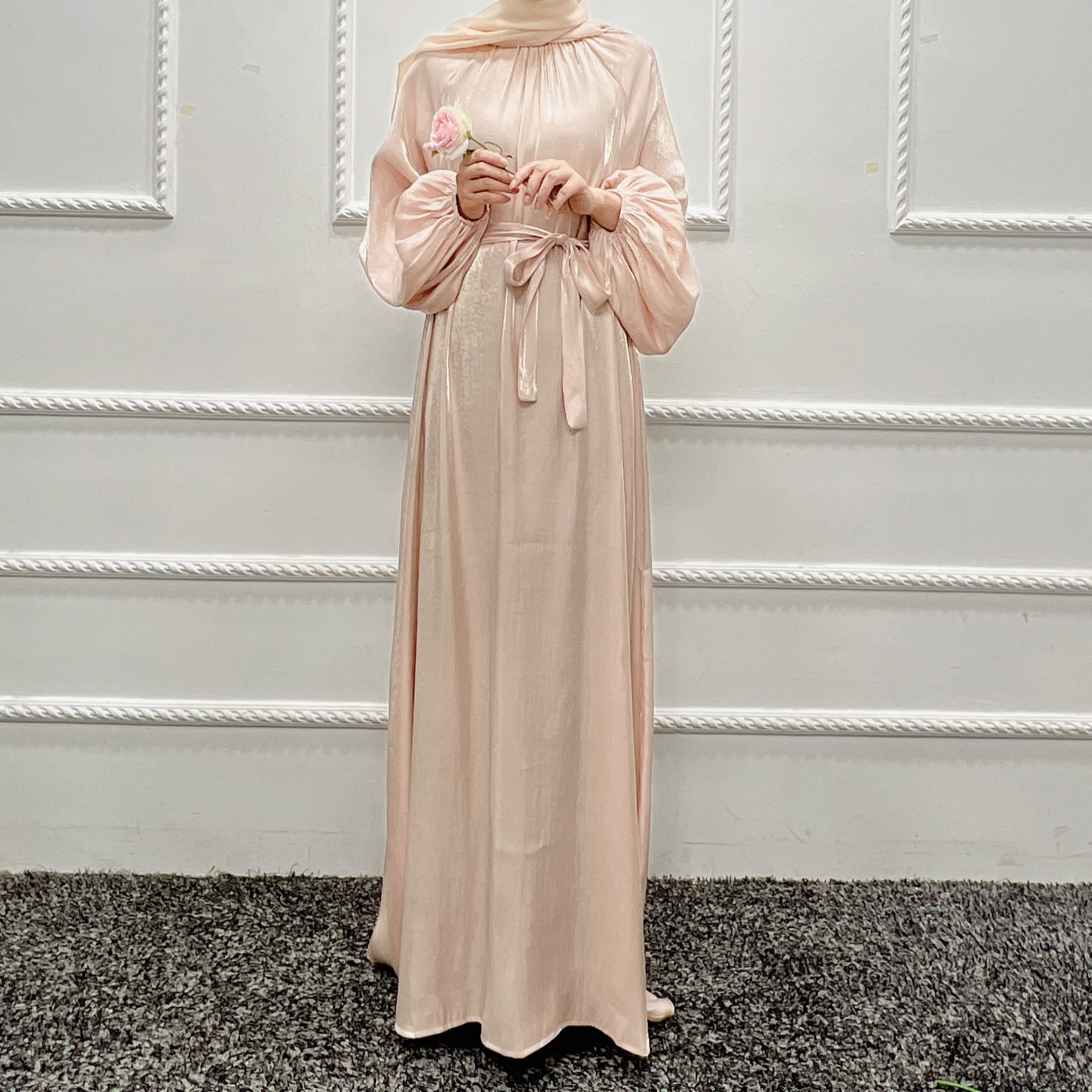 CLMJHG Abaya Dubai Muslim Party Kleid Laterne Ärmel Türkei Abayas Frauen Islamische Elegante Ramadan Kleidung mit Gürtel ohne Hijab
