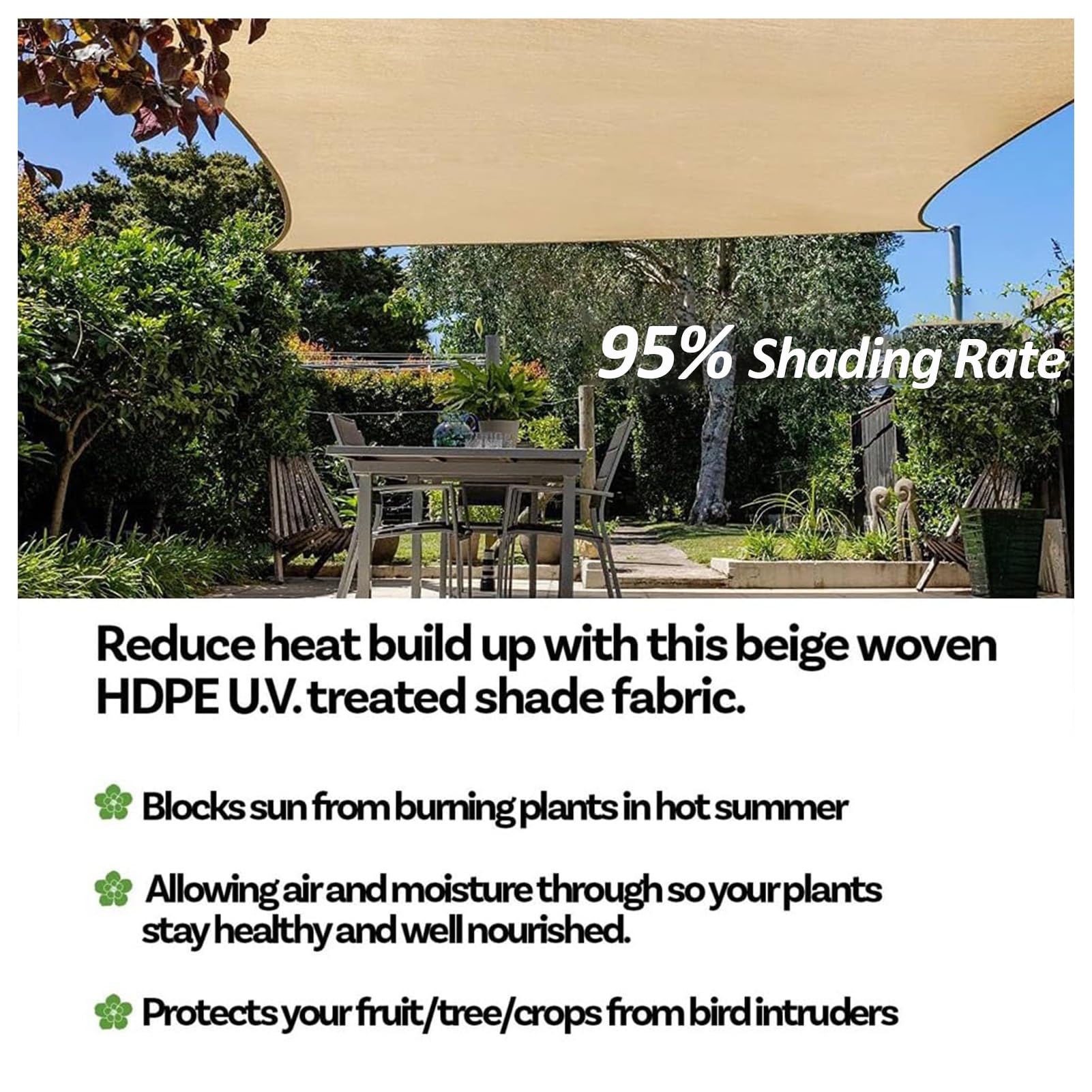 Malla de Sombreo Red de Sombra Toldo 95% Exterior con Ojales Protección UV | Sombreadora Polietileno HDPE Alta Densidad para Jardín Invernadero Pérgola Patio Balcón y Gallinero