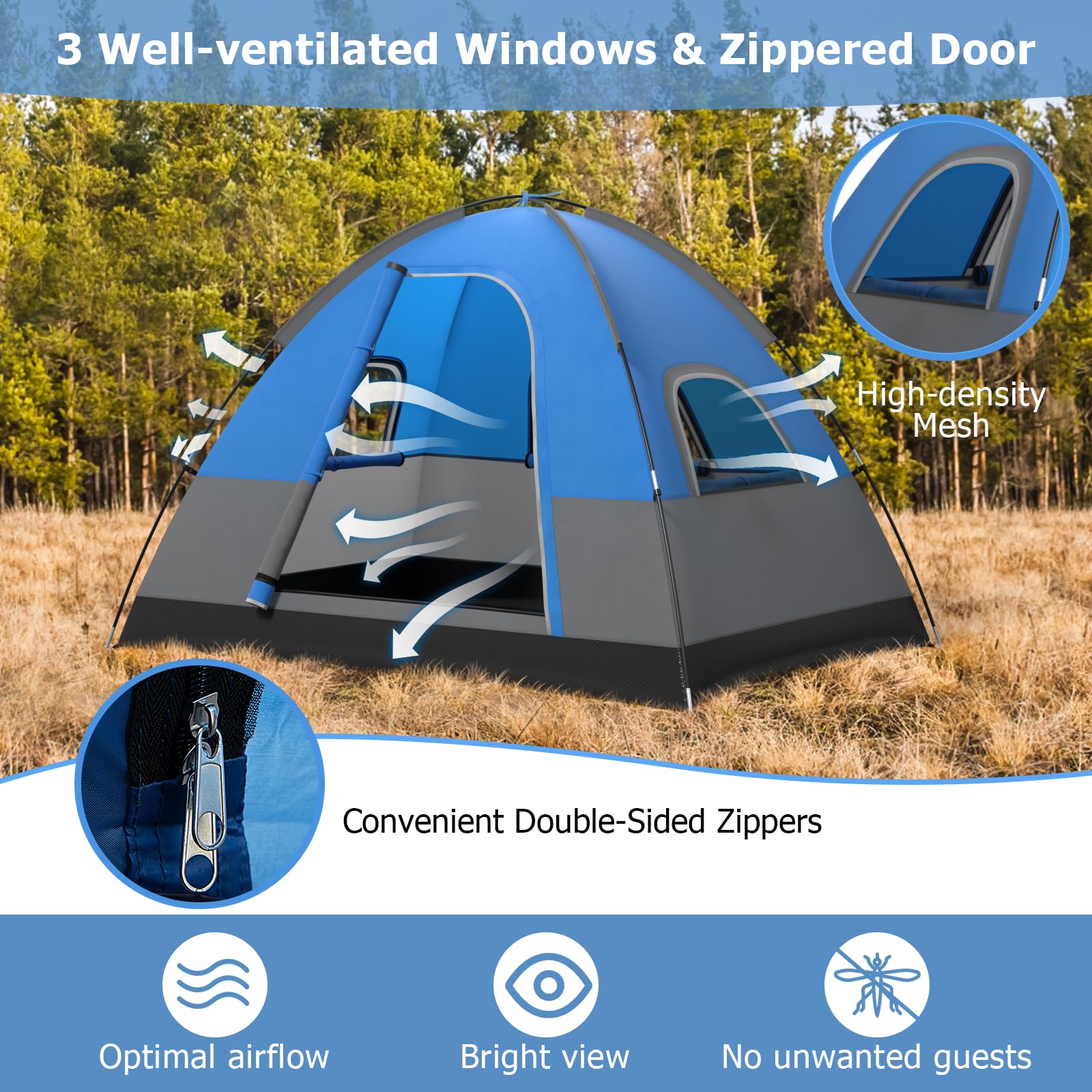 HOMASIS Tenda da campeggio per 2-3 persone, impermeabile a cupola con 3 finestre e tettuccio a pioggia, tenda da esterno con 4 corde antivento e 8 picchetti, tenda ultraleggera per trekking,