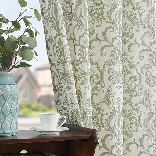 jinchan Curtains for Bedroom, Light Filtering 84 Inch Length 2 Panels Set, Baroque Style Linen Blend Drapes Living Room, Vintage Damask Window Treatments, Grommet Top Sage Green on Flax, W52 X L84