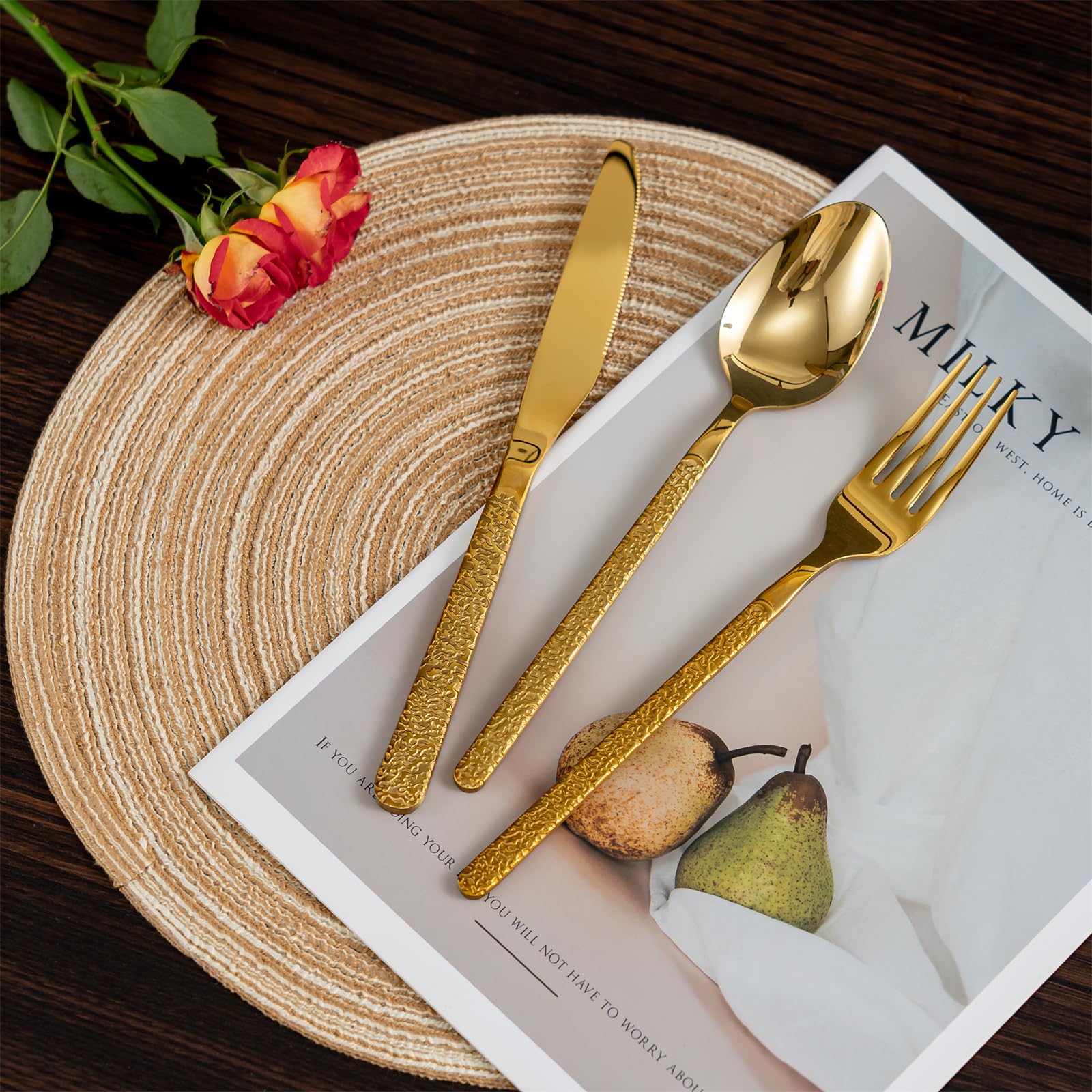 Besteck Set Gold für 12 Personen, Edelstahl Besteckset 60 teilig, Essbesteck mit Messer Gabel und Löffel, Vintage Design & SpüLmaschinenfest