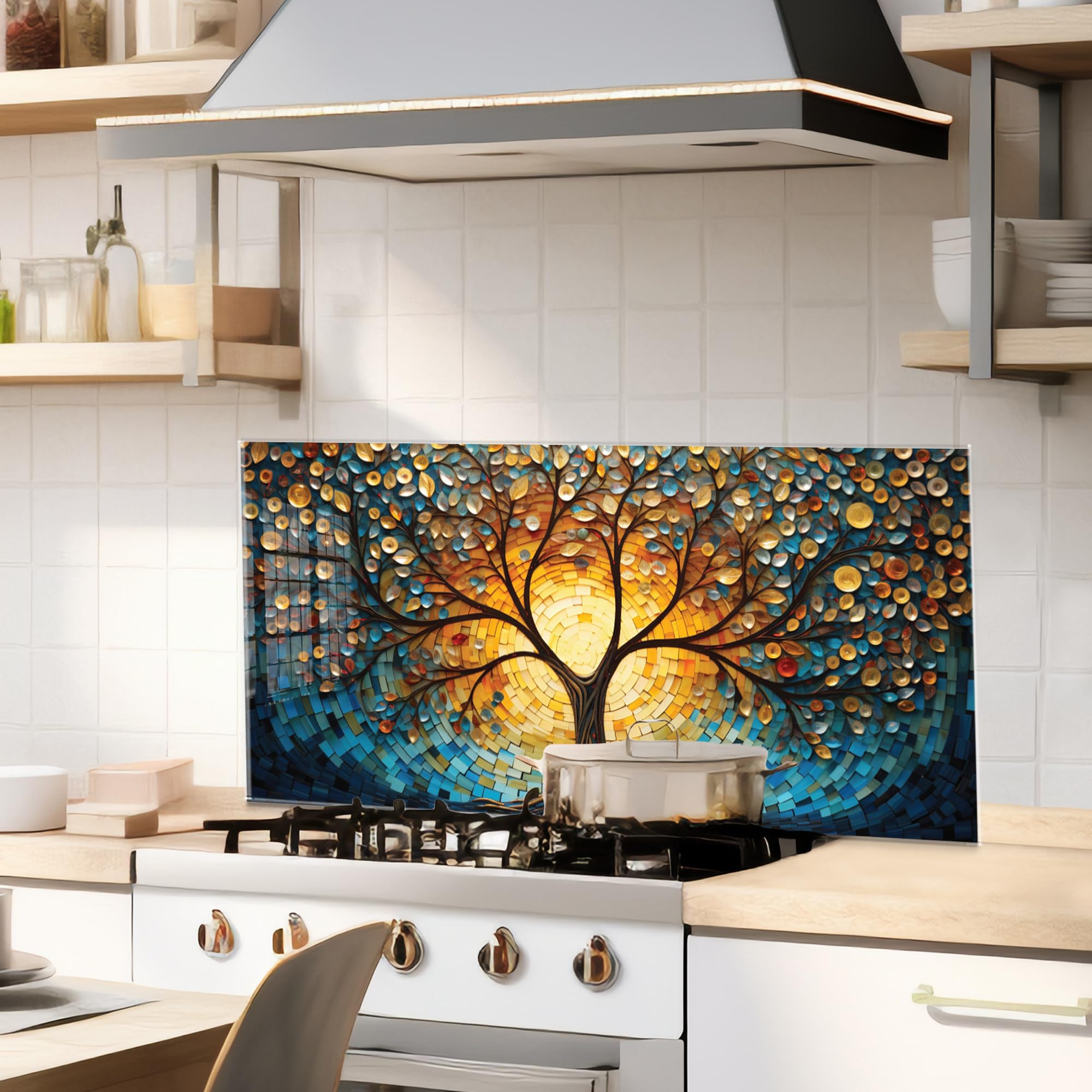 Roggmard Kitchen Backsplash, Stove Back Top Cover, Tree of Life Tempered Glass Splashback Tile, Kitchen Sink Cover Splash Guard, Home Kitchen Decor (30x24''-(76x61cm))