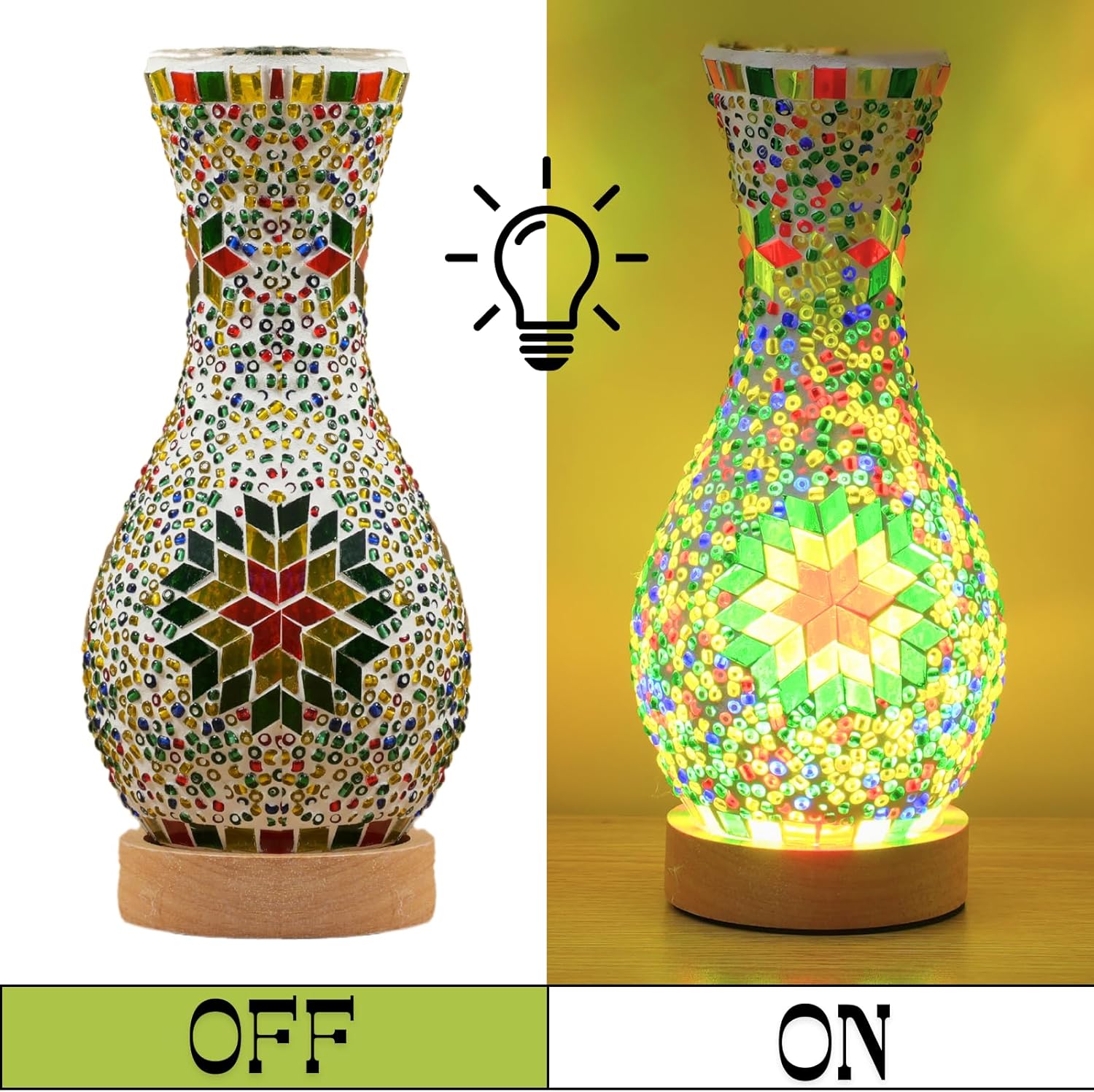 Unique Turkish Moroccan Style Mosaic Table Lamp, Colorful Glass Table Light with Wood Base, USB Powered for Bedroom, Living Room