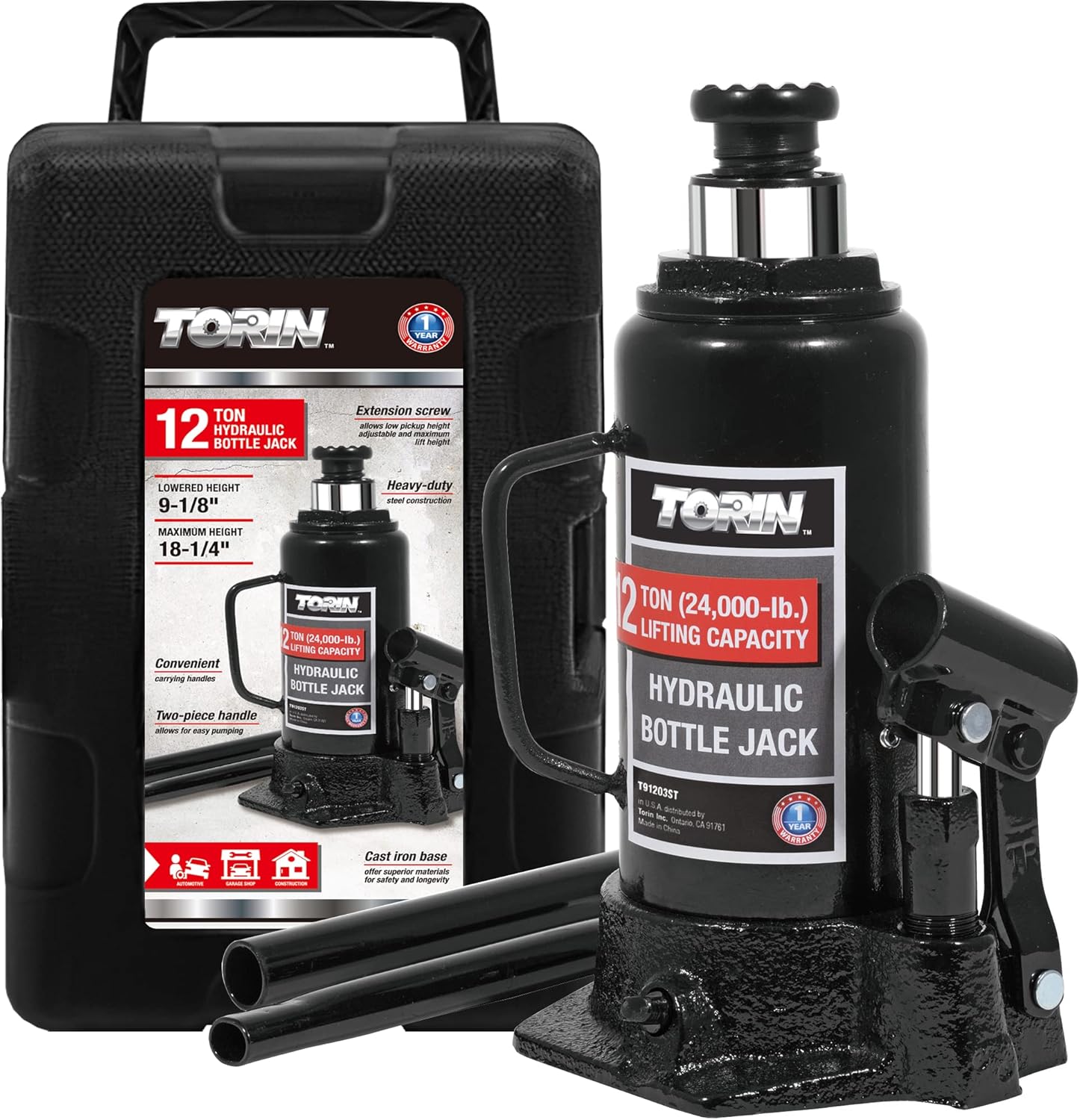 Torin 12 Ton (24,000 LBs) Hydraulic Bottle Jack with Carrying Case, T91203ST, Black : Everything Else