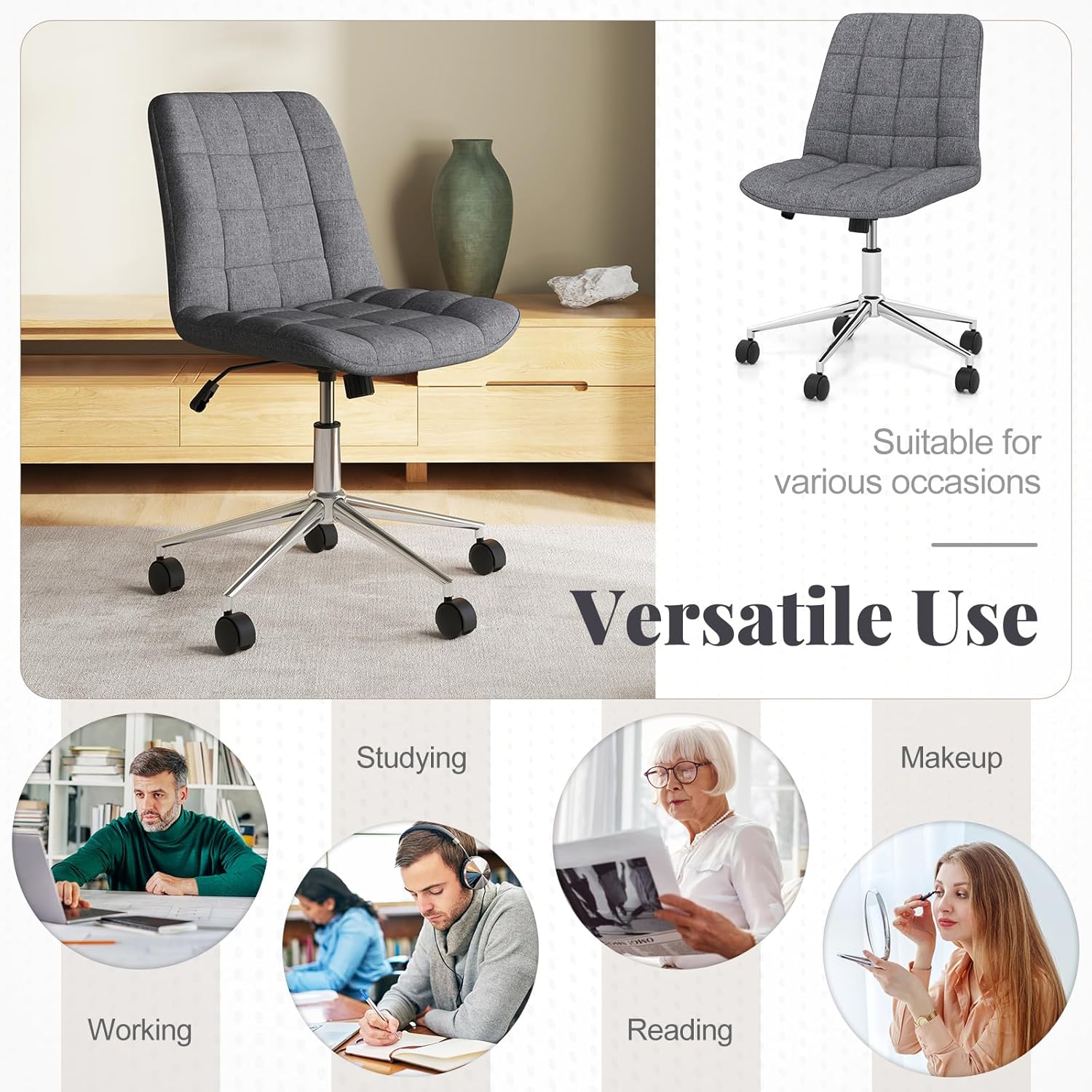 Giantex Armless Office Chair, Modern Faux Fur White Vanity Chair with Wheels & Adjustable Height, 360° Rolling Swivel Task Computer Seat, Home Office Desk Chair for Makeup Bedroom Small Space, Grey