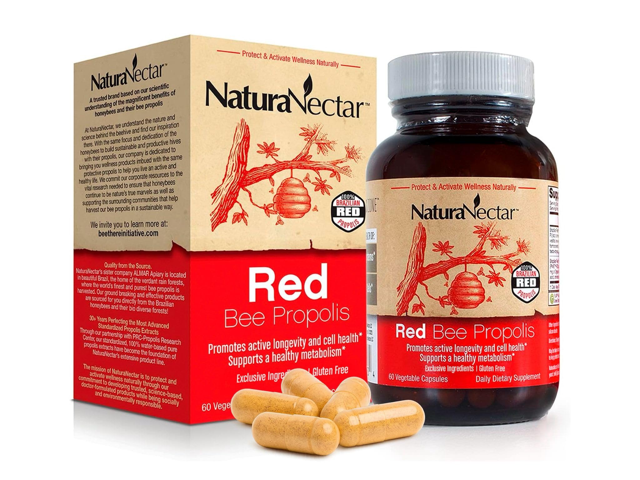 NaturaNectar - Red Bee Propolis Capsules - NSF Contents Certified Premium Brazilian Propolis - Gluten-Free Supplements with More Diverse Flavonoids & PWE - Sourced Through Ethical Beekeeping (60pcs.)