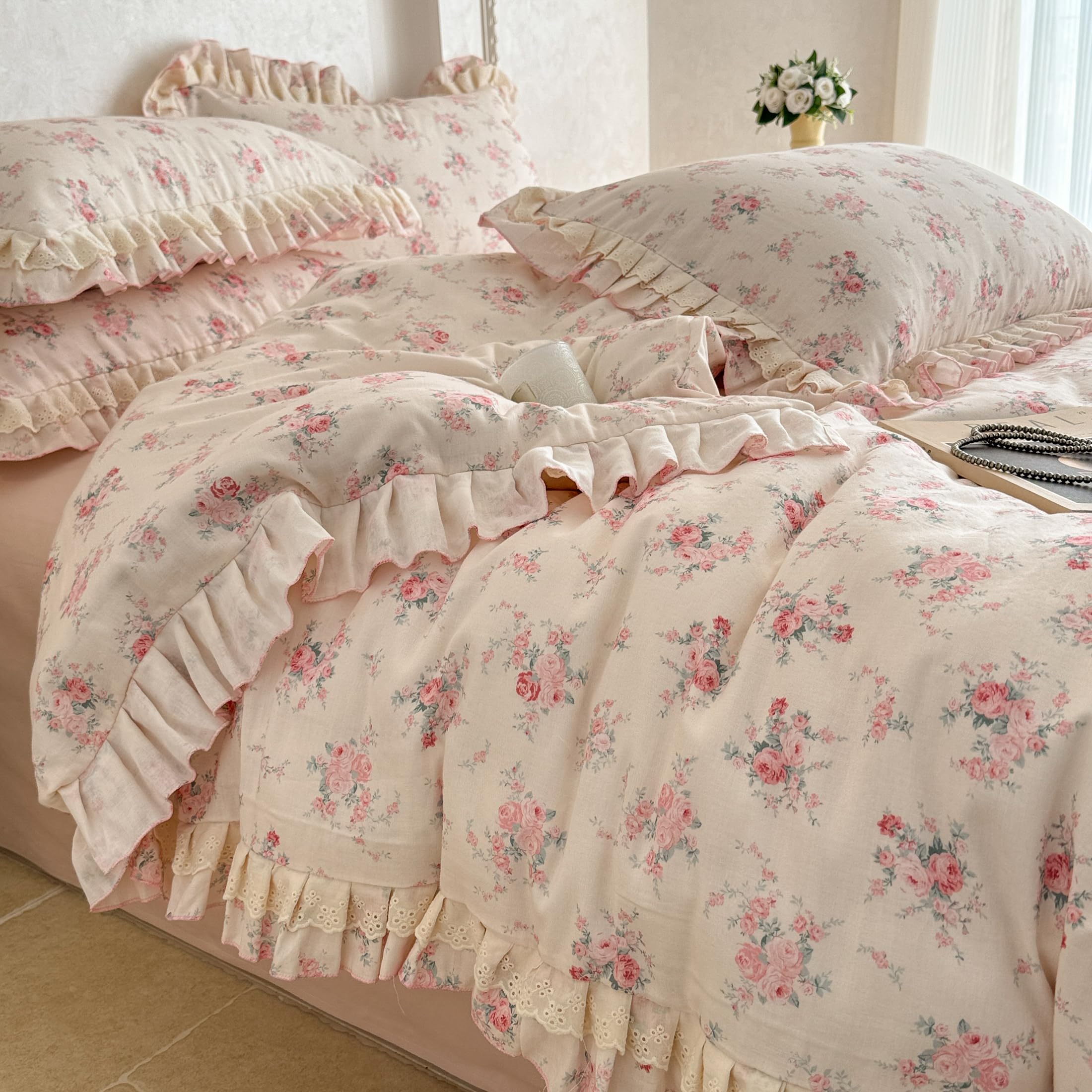 GETIYA Rosa Blumen Bettwäsche 135x200 Baumwolle Doppelgarn Bettbezug Damen Mädchen Baumwollgarn Bettwäsche Set mit Rüschen Weich Baumwolle Deckenbezug Blümchen Muster mit 1 Kissenbezug 80x80