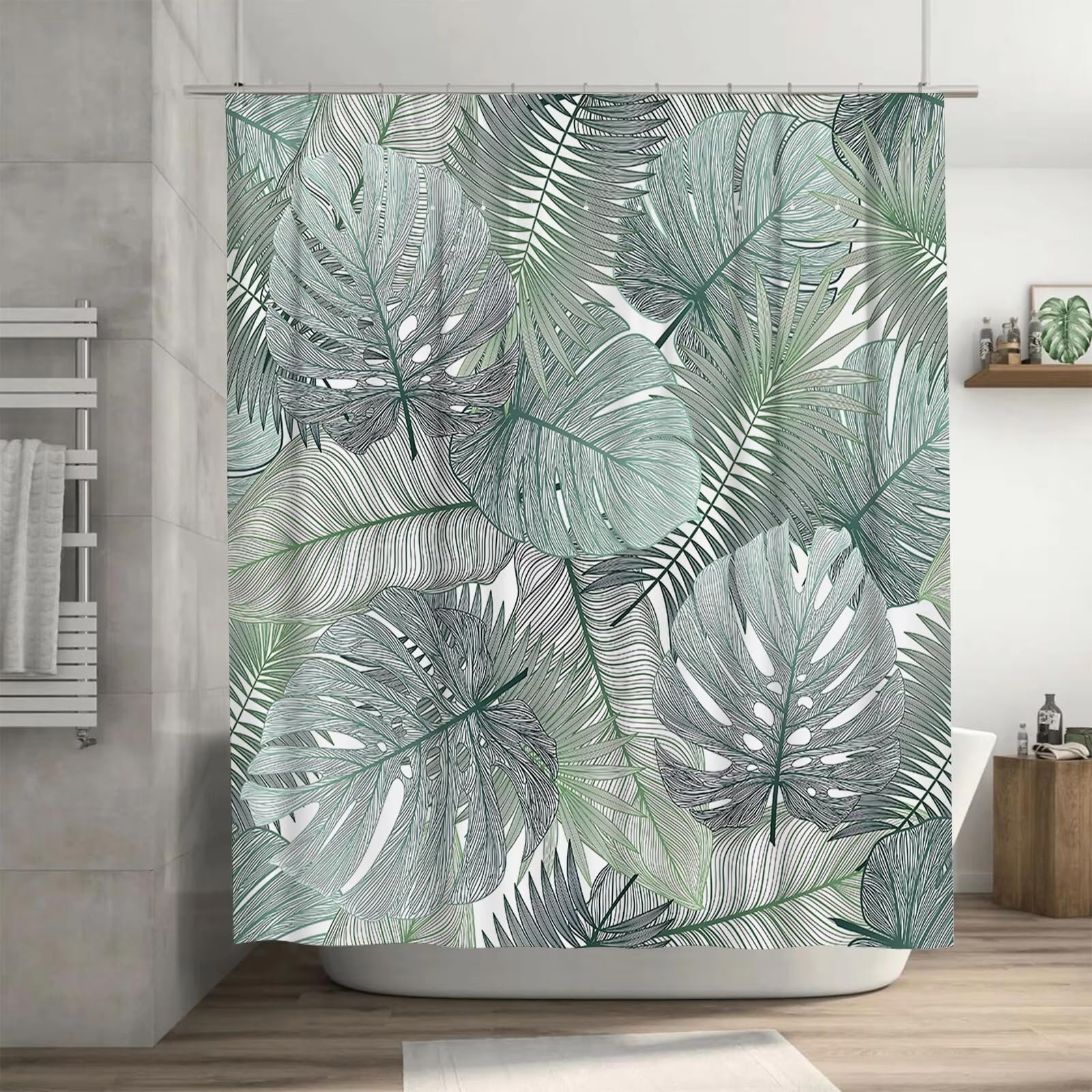 Zasłona prysznicowa z motywem tropikalnych liści, kolor zielony, do łazienki, wodoodporna, trwała, z haczykiem, łatwa w montażu (175 x 220 cm, bardzo długa)