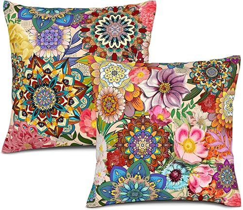 Juego de 2 fundas de almohada florales bohemias para sofá de 18 x 18 pulgadas, fundas de almohada decorativas coloridas estéticas, fundas de cojín
