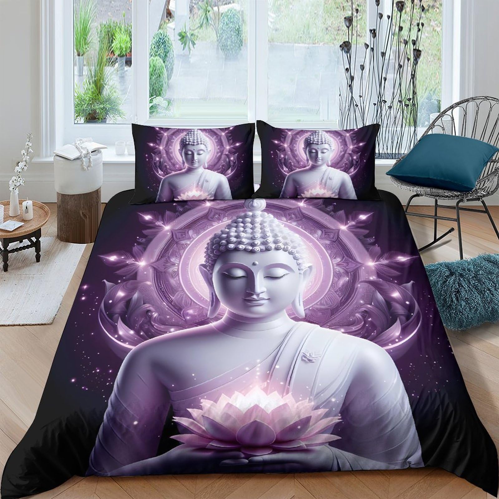 Ctjqhvkz Style-10 3D Printed Purple Buddha Fitted Sheet Microfiber Soft Non-Slip Lotus Mandala Mattress Cover Bedroom Decor Single（135X200cm）