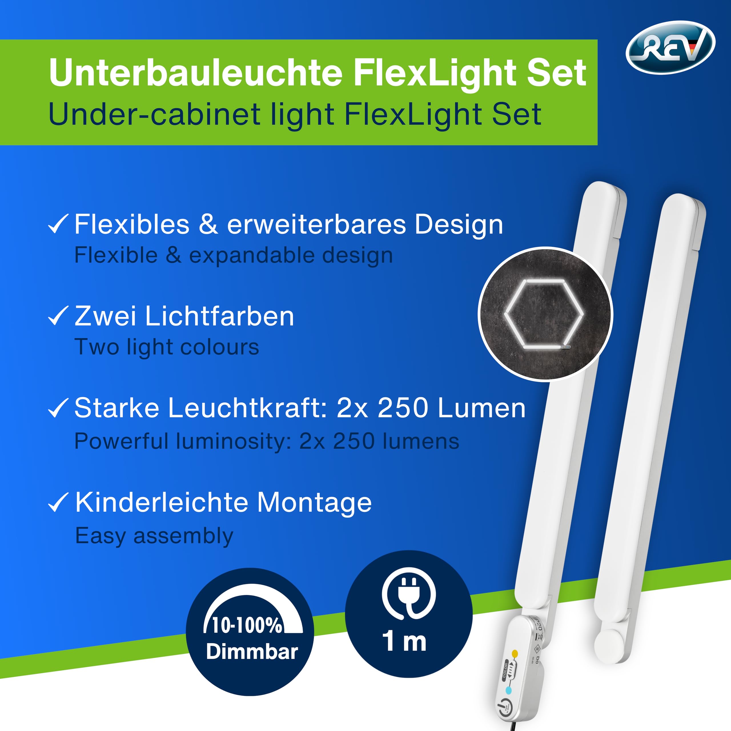 REV FlexLight - Striscia LED da Cucina espandibile, Lampada da Incasso a LED, Moderna, Pieghevole, 240°, Colore: Argento