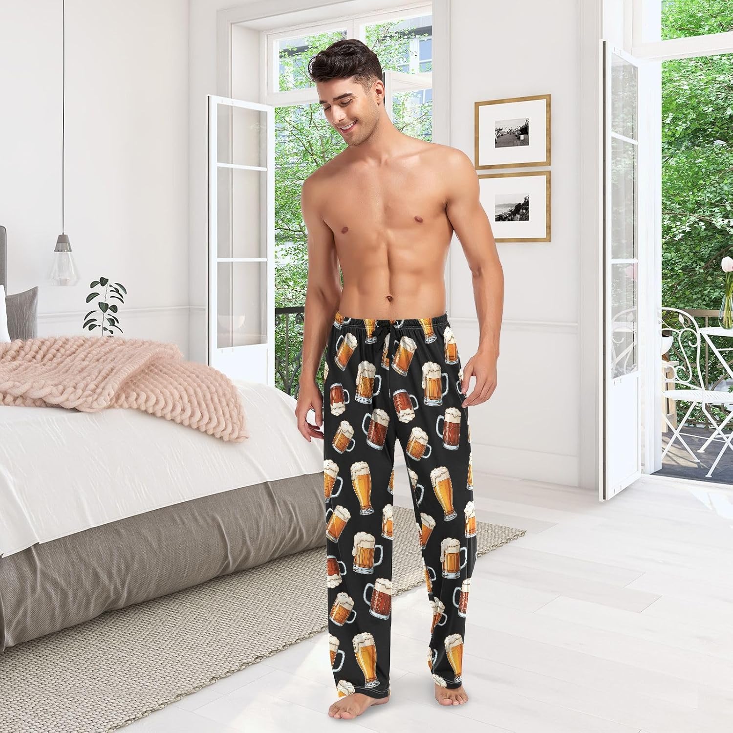 Mens Pajama Pants Beer Mugs Print Soft Lounge Sleep Pant with Pockets Sleepwear PJ Bottoms for Men - Image 2