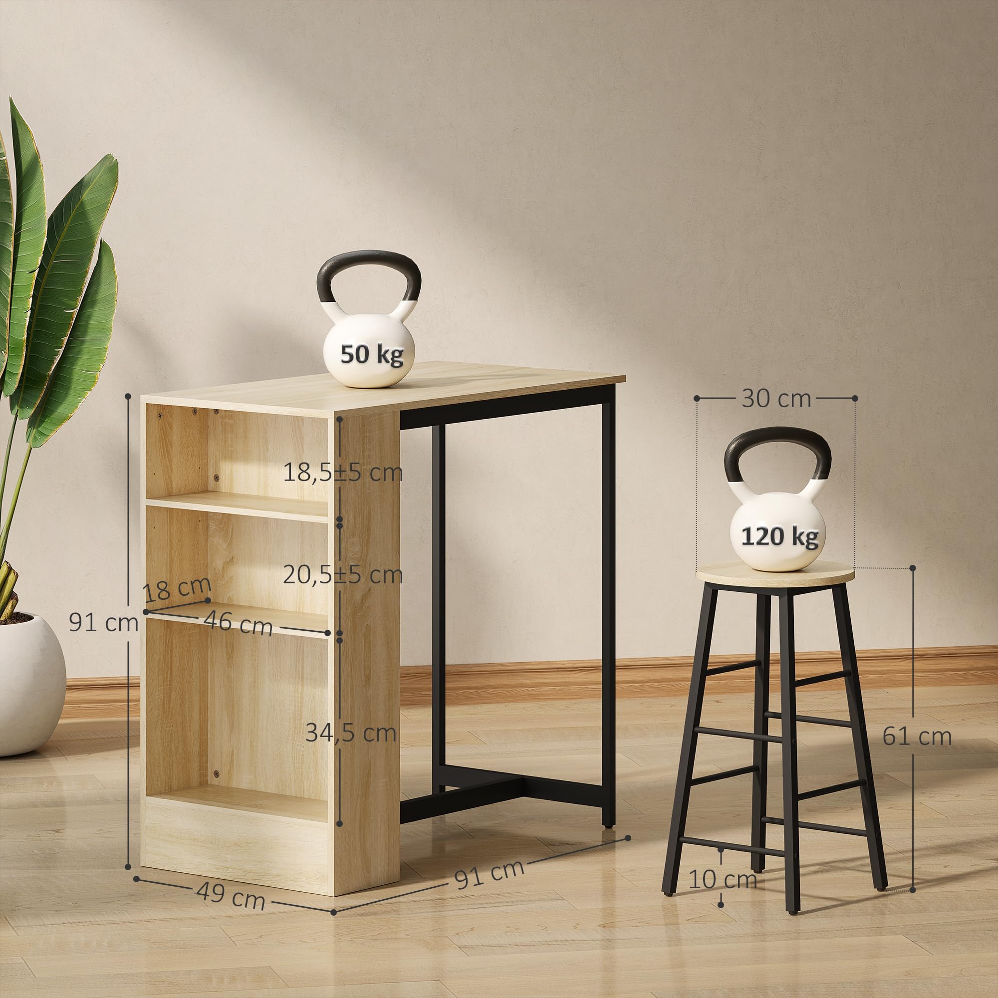 HOMCOM Ensemble Table de Bar avec Tabourets 2 Chaises de Bar Chêne et Noir