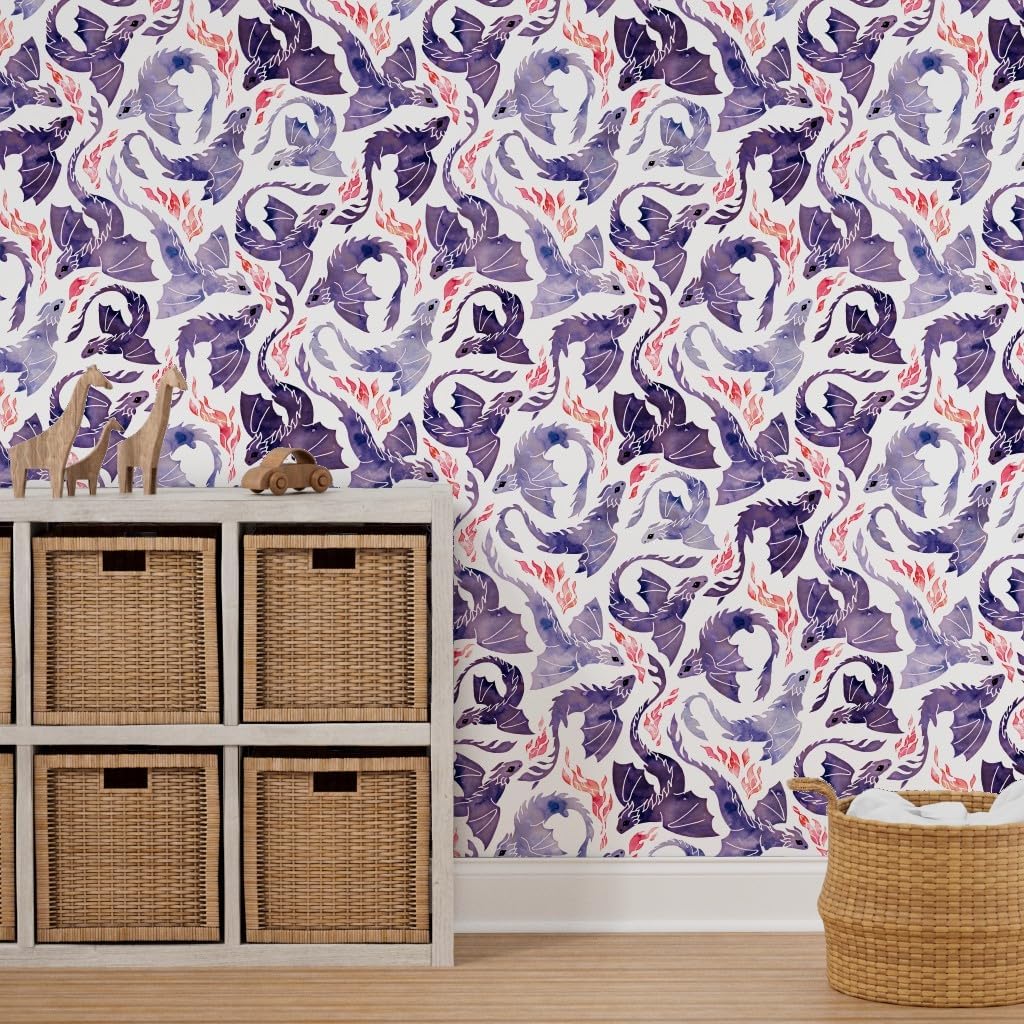 Spoonflower Peel & Stick Wallpaper 3ft x 2ft - Purple Plum Fire Fantasy Mauve Mythical Dragon Fairy Tale Custom Removable Wallpaper