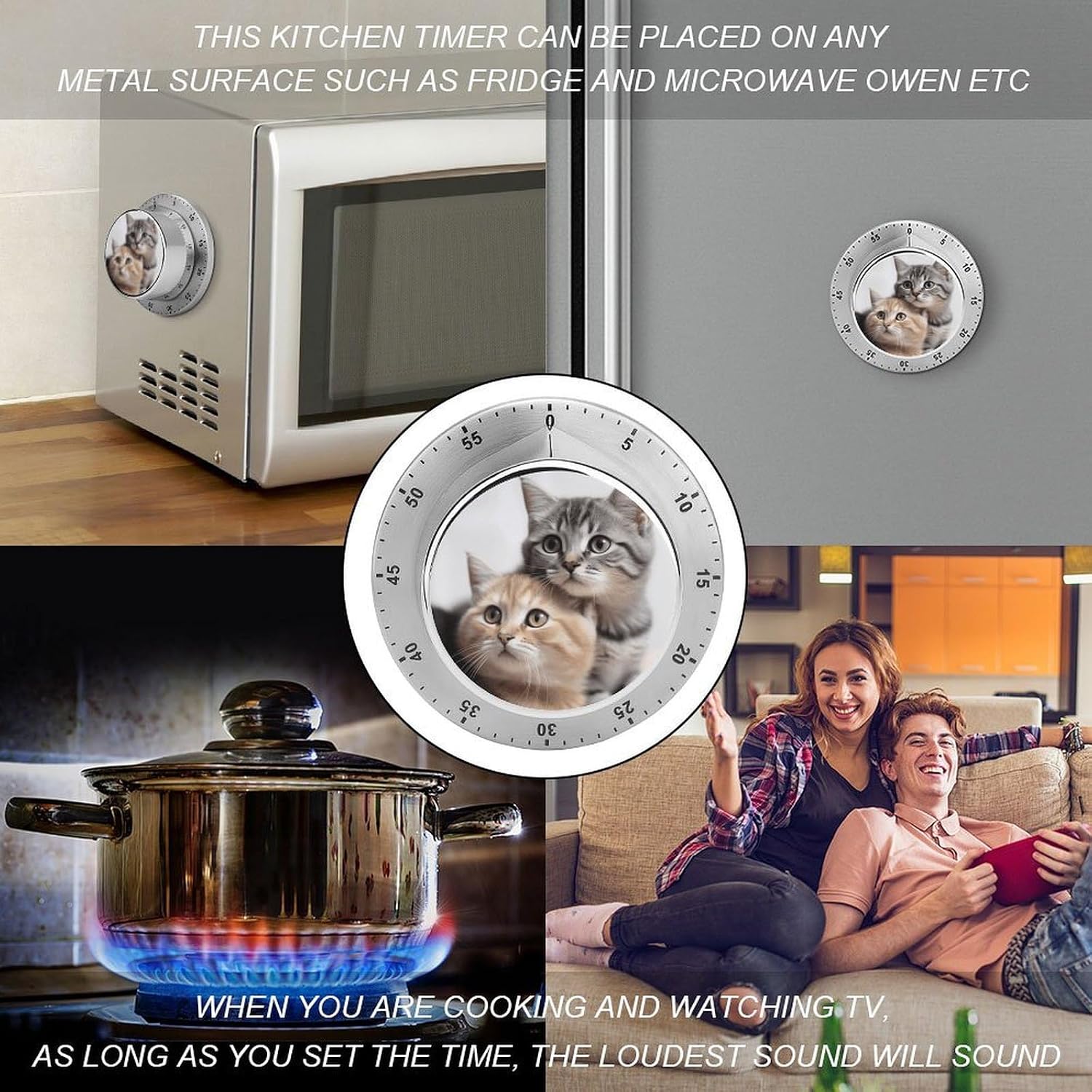 Cats Timers Exquisite Stainless Steel Mechanical Kitchen Timer with Loud Alarm Magnetic Manual Countdown Timer Wind Up Cooking Timer Clock for Home Study Cooking