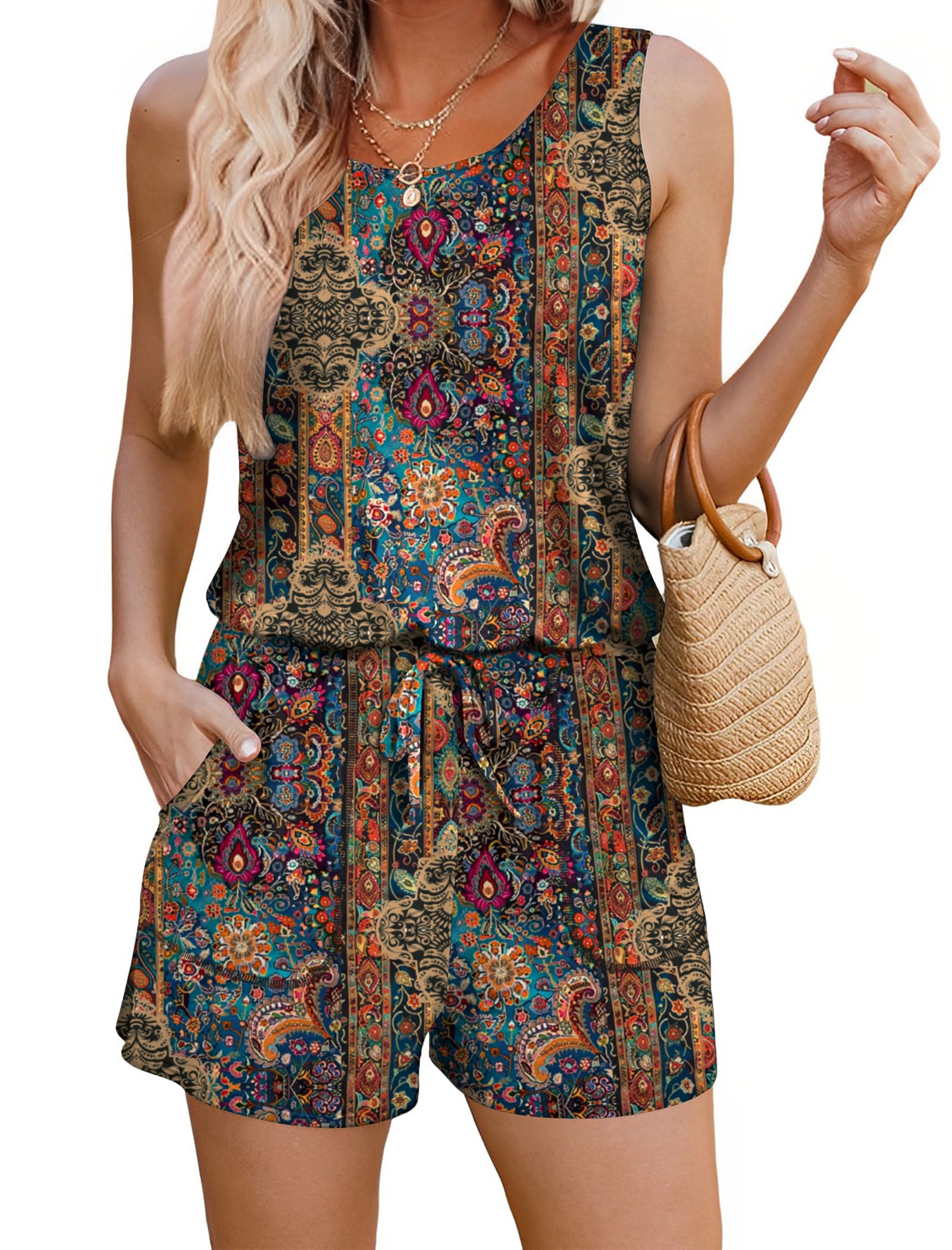 ADOME Rompers for Women Summer Sleeveless Scoop Neck Tank Top Casual Short Jumpsuit Rompers with Pockets