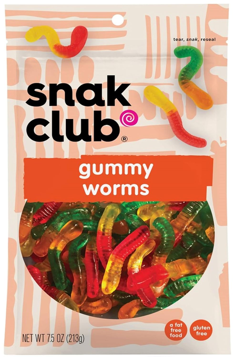 Snak Club Gummy Worms, Multicolor, 7.5 Oz, Pack of 6