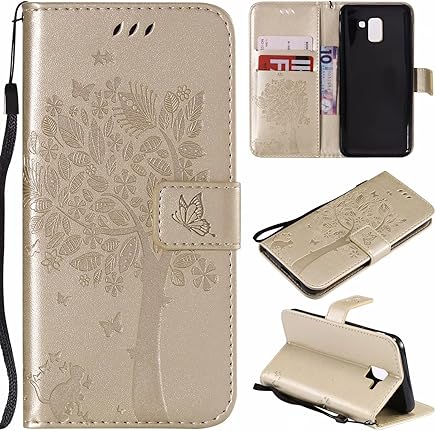 COWX Piel Flip Case Samsung Galaxy J6?(2018) Funda para Samsung Galaxy J6?(2018) Funda Cartera Oro