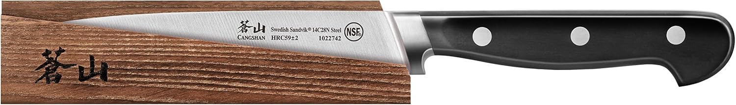 Cangshan TV2 Series 1022759 Swedish 14C28N Steel Forged 5-Inch Serrated Utility Knife and Wood Sheath Set