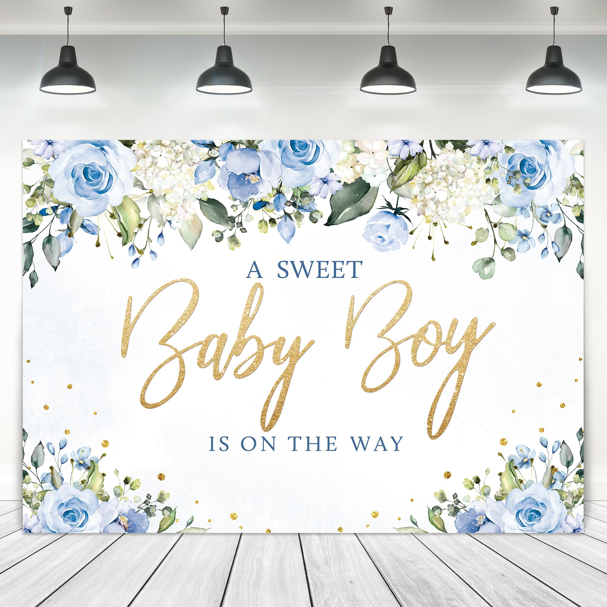 Ufeela Blue Floral Baby Shower Backdrop for Boys Watercolor Flower Blossom Sweet Baby Boy Gold Rose Plant Leaves 7Wx5H Feet Fabric Polyester