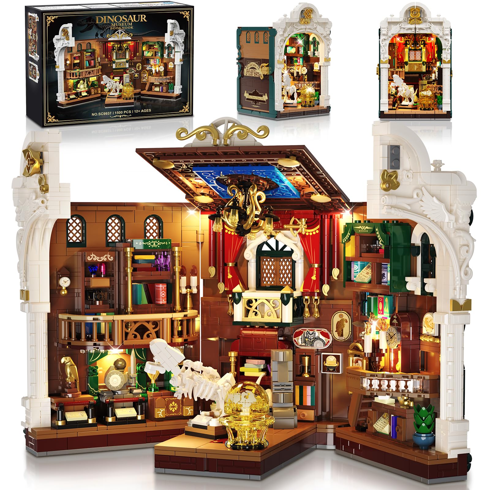 INSOON Dinosauriermuseum Book Nook Bauspielzeugset mit Licht, DIY Booknook Klemmbausteine Baustein Set Haus Dekor, 1500 Stück Miniatur Haus Bauset Geschenk für Erwachsene Kinder Mädchen Jungen 12+
