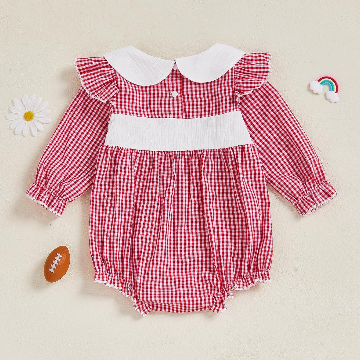 Newborn Baby Girl Football Outfit Embroidery Smocked Bubble Romper Long Sleeve Bodysuit Fall Clothes - Image 7
