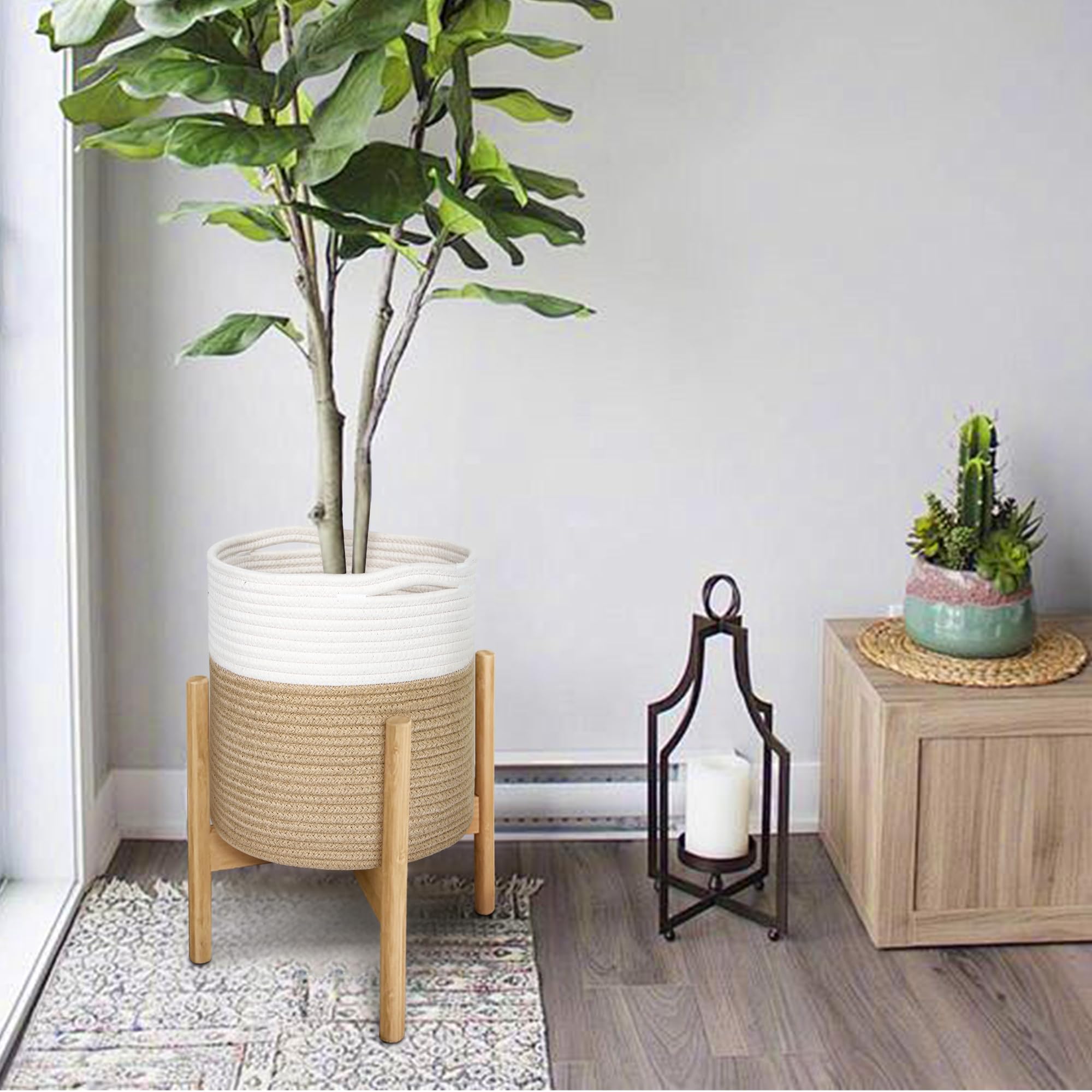 Panière Ou Cache-pot En Rotin, Corde Et Lamelles De Bois – Occasion Bon état