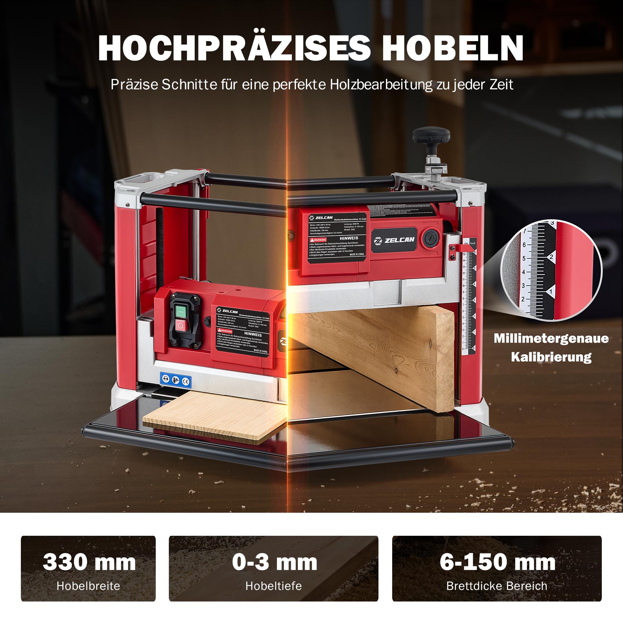 ZELCAN Dickenhobelmaschine 2000W Hobelmaschine Dickenhobel 20000 Schnitte/Min, Elektrohobel 2 Hobelmesser Durchlasshöhe/-breite: 15cm/33cm, Spanabnahme max.: 3 mm mit Absaugung