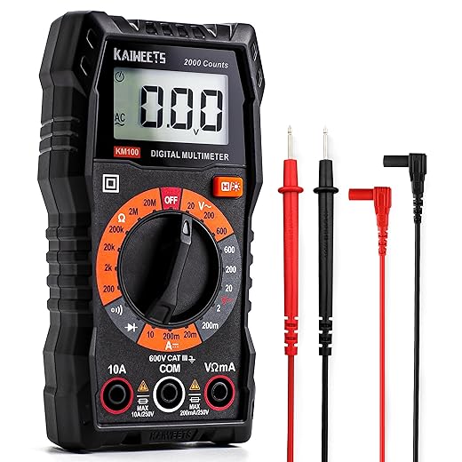 KAIWEETS Multimètre Numérique, Multimètre Digital, Voltmètre Multifonctions 2000 Comptes, Testeur Électrique, Ohmmètre, Mesure La Tension CA/CC, Courant CC, Résistance, Continuité, Diode
