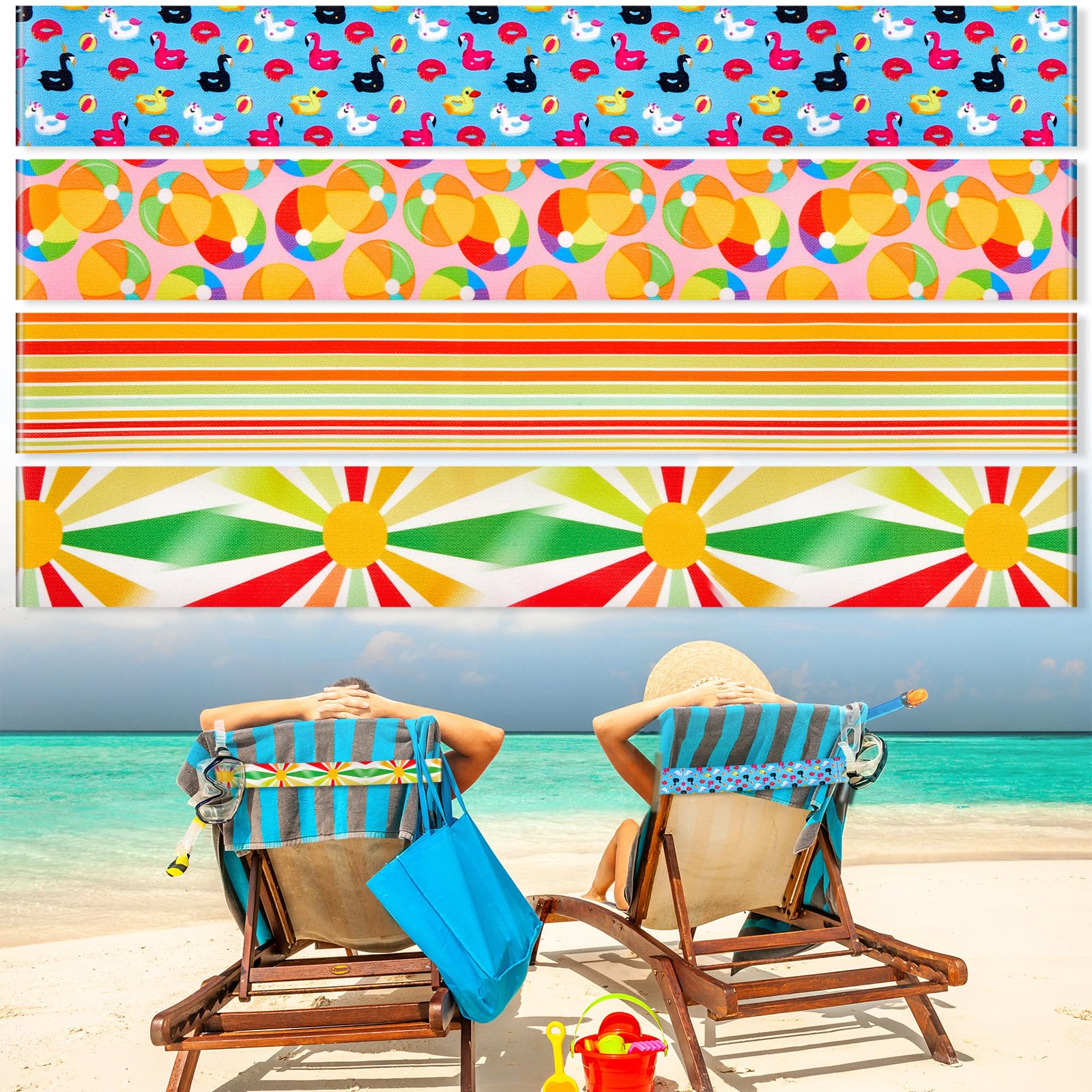 Boao 4 Pack Beach Towel Bands for Chair, Elastic Strap,Ball and Duck