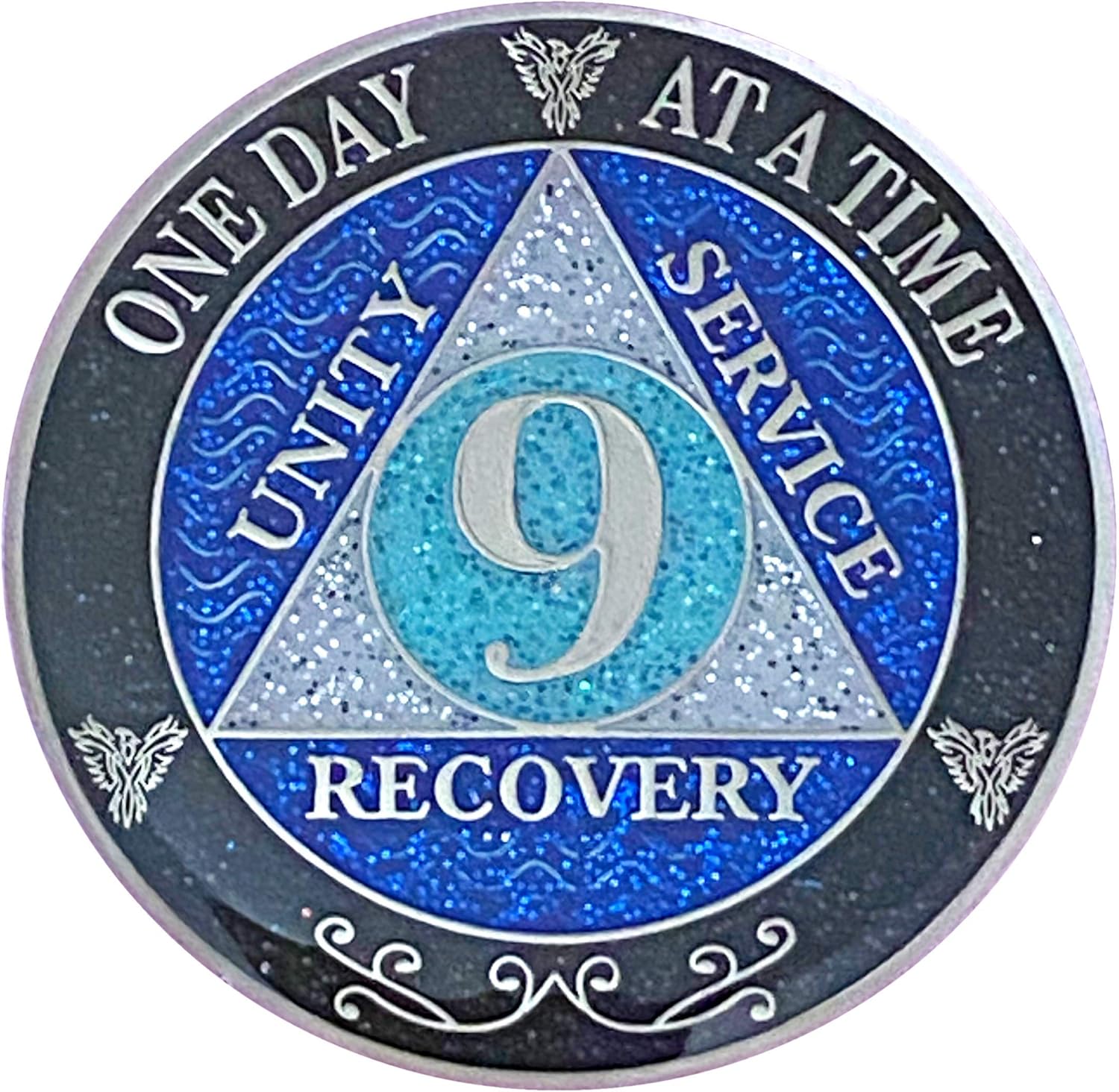 (Years 1-50) 17 Year AA Recovery Silver Color Plated Glitter Medallion, Black Rainbow, Blue, Silver Glitter Coin, Epoxy Covered (AA 17 Year Glitter Medallion)