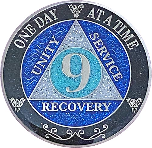 Miniatura 48 de (años 1-50) Medallón de purpurina plateado de recuperación AA de 47 años, arcoíris negro, azul, moneda de purpurina plateada, cubierta de epoxi