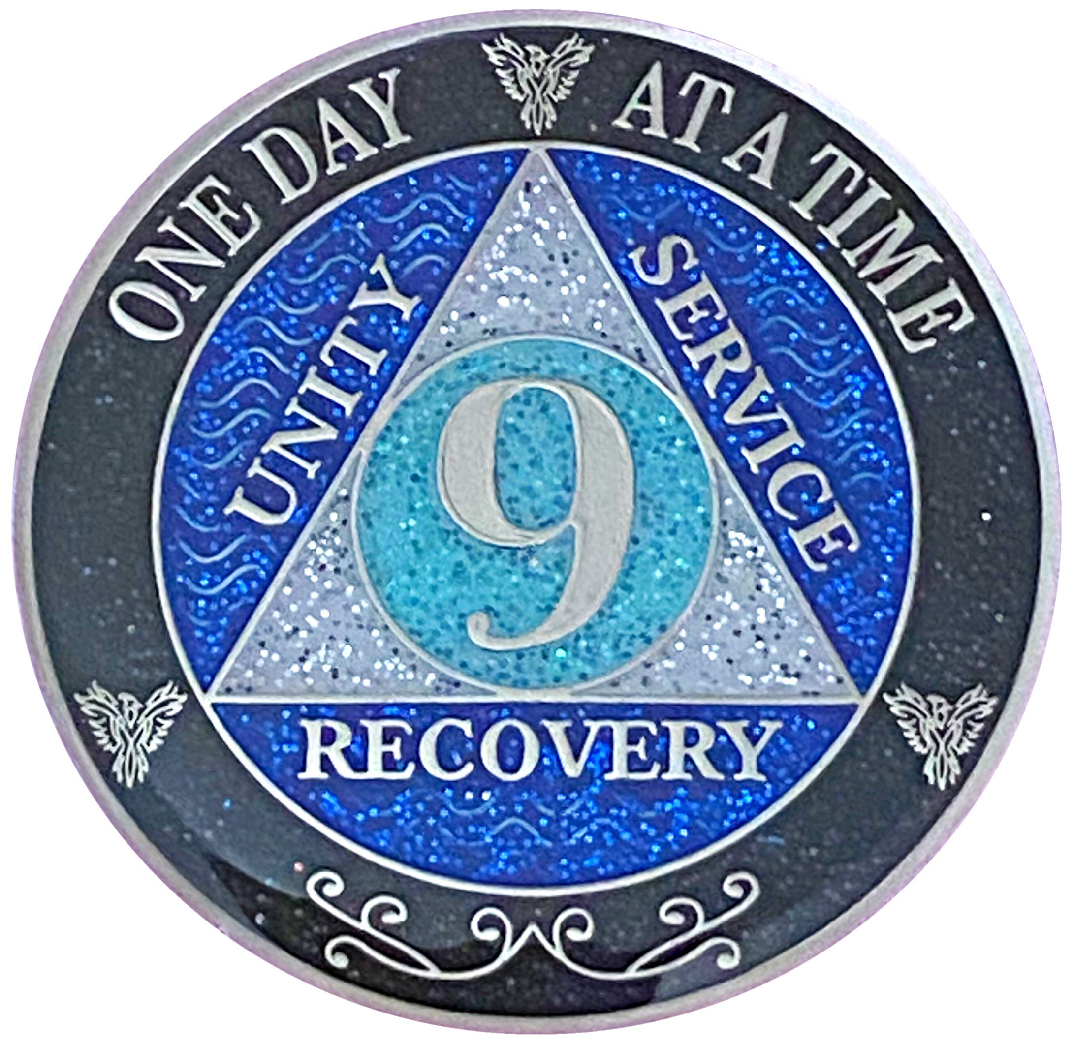 (Years 1-50) 9 Year AA Recovery Silver Color Plated Glitter Medallion, Black Rainbow, Blue, Silver Glitter Coin, Epoxy Covered (AA 9 Year Glitter