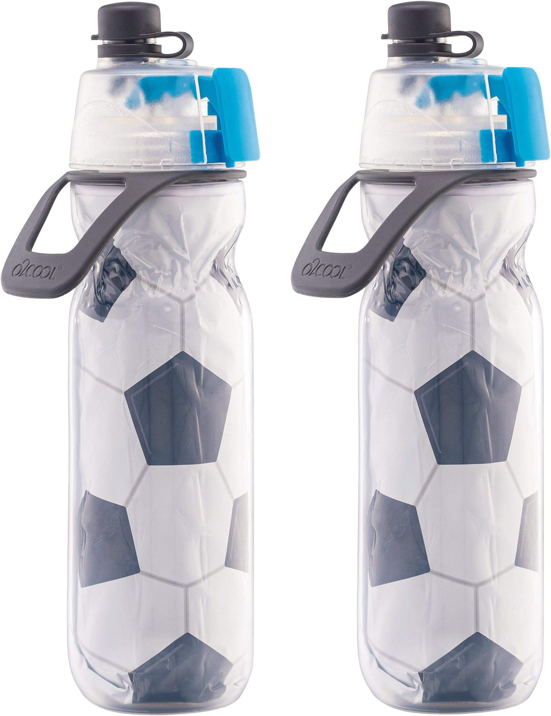 O2COOL Mist 'N Sip Misting Water Bottle 2-in-1 Mist And Sip Function With No Leak Pull Top Spout Reusable Sports Water Bottle - 20 oz (2 Pack Soccer)