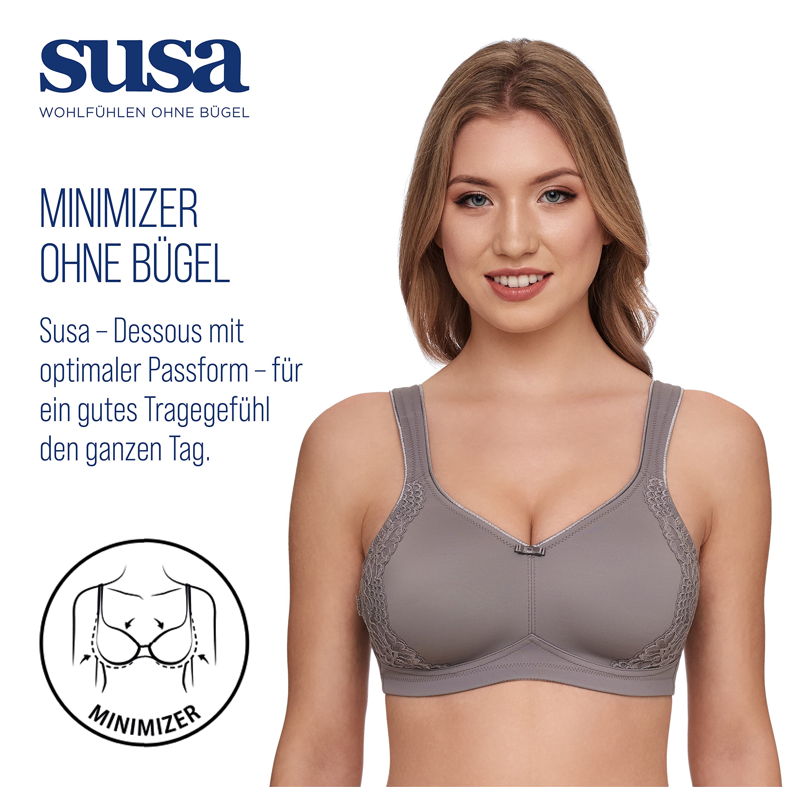 SUSA Minimizer biustonosz damski bez fiszbin I London I biustonosz damski o kroju minimalizującym, optycznie zmniejsza piersi, uformowane miseczki, szerokie ramiączka