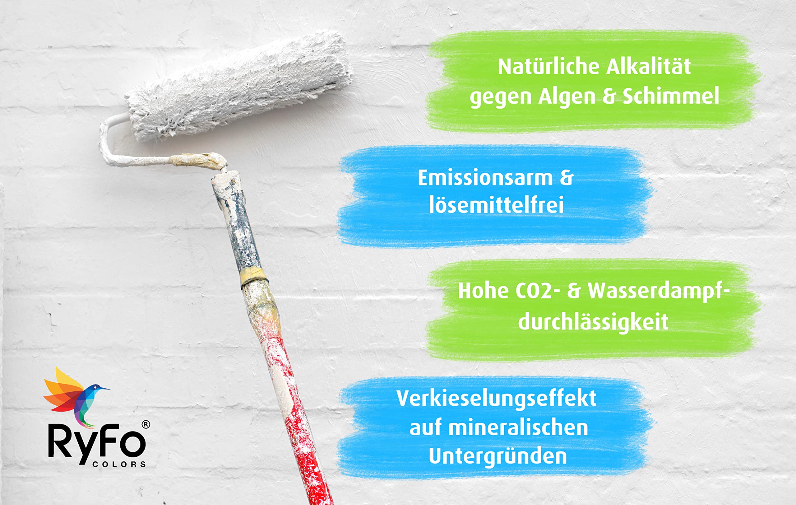RyFo Colors Silikat Fassadenfarbe 10l - Außen-Farbe, Silikatfarbe, weiß, extrem atmungsaktiv, zertifiziert Deckkraft Klasse 1, Nassabrieb Klasse 1