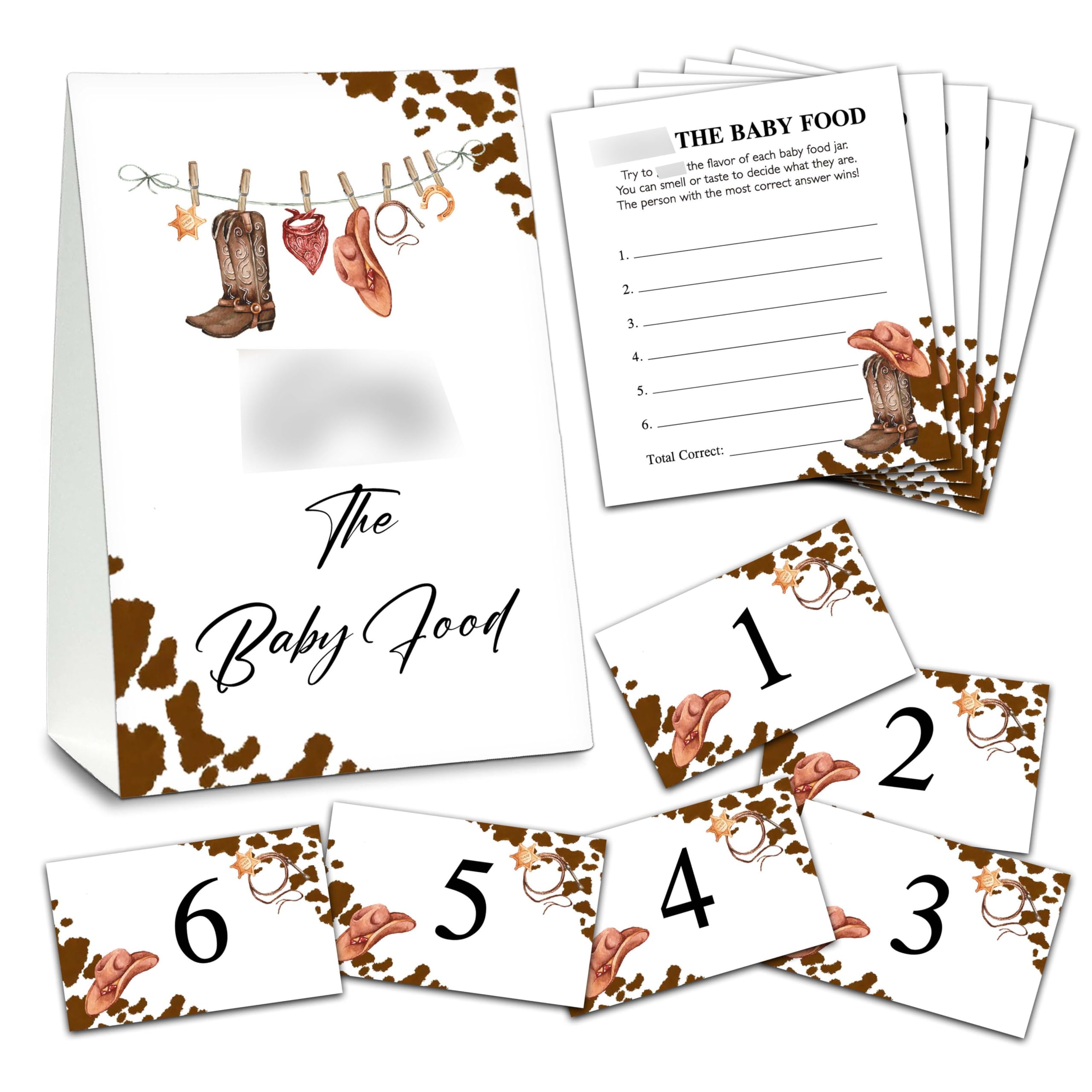 Find the Baby Food Party Games, Cowboy Baby Shower Game Set (1 Standing Sign + 20 Answer Cards + 6 Number Cards), Rustic Country Western Name the Baby