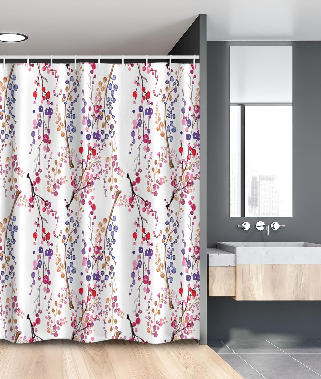 Ambesonne Watercolor Flower Stall Shower Curtain, Branches in Full Blossom Colorful Sprigs Pattern in Watercolor Art, Fabric Bathroom Decor Set with Hooks, 54" W x 78" L, Purple Pink