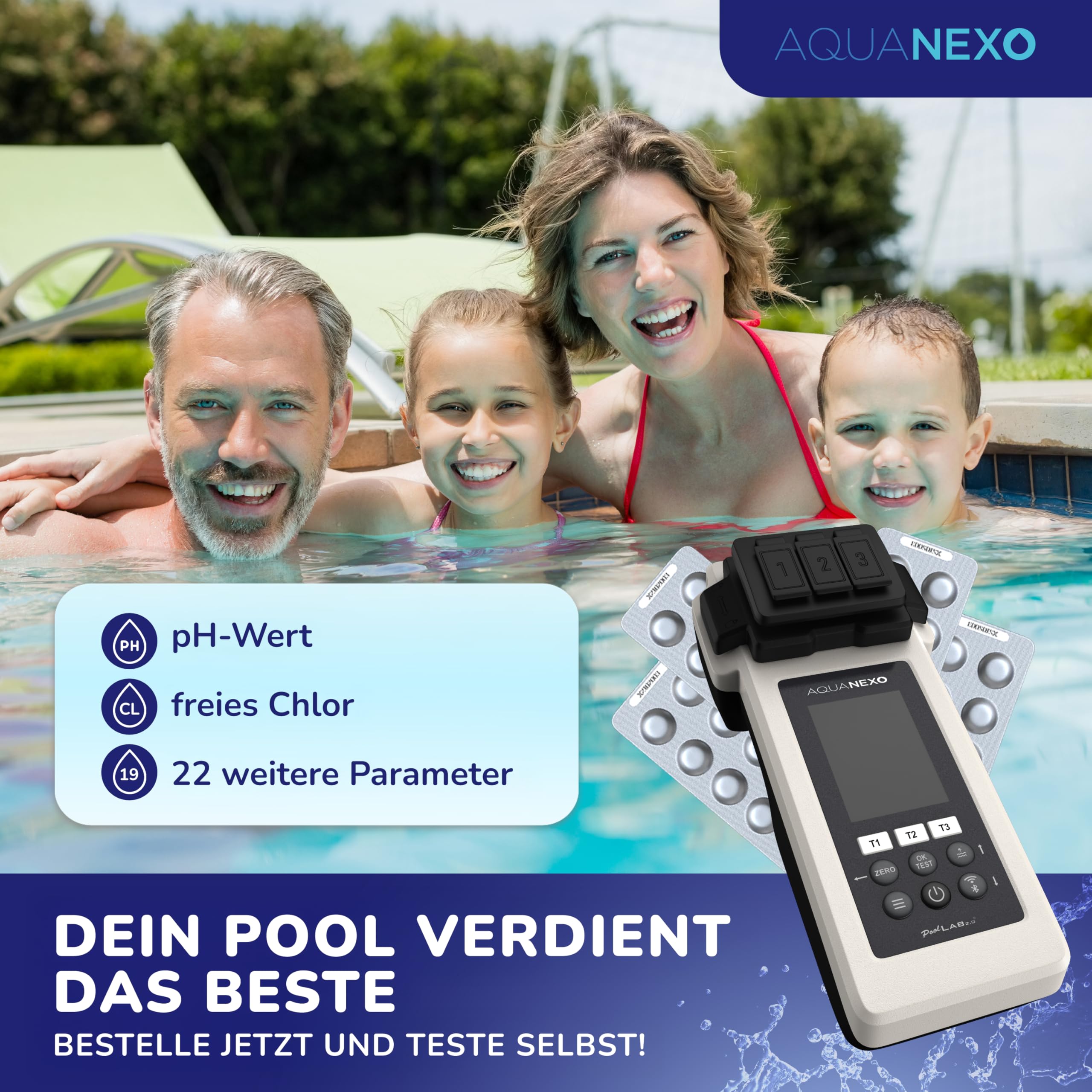 Poollab 2.0 inkl. 240 Testtabletten Chlor und pH-Wert (120x DPD 1 + 120x Phenol Red Tabletten), Pooltester Pool Lab 2.0, Wassertester für Pools, Planschbecken, Whirlpool (ohne Case)
