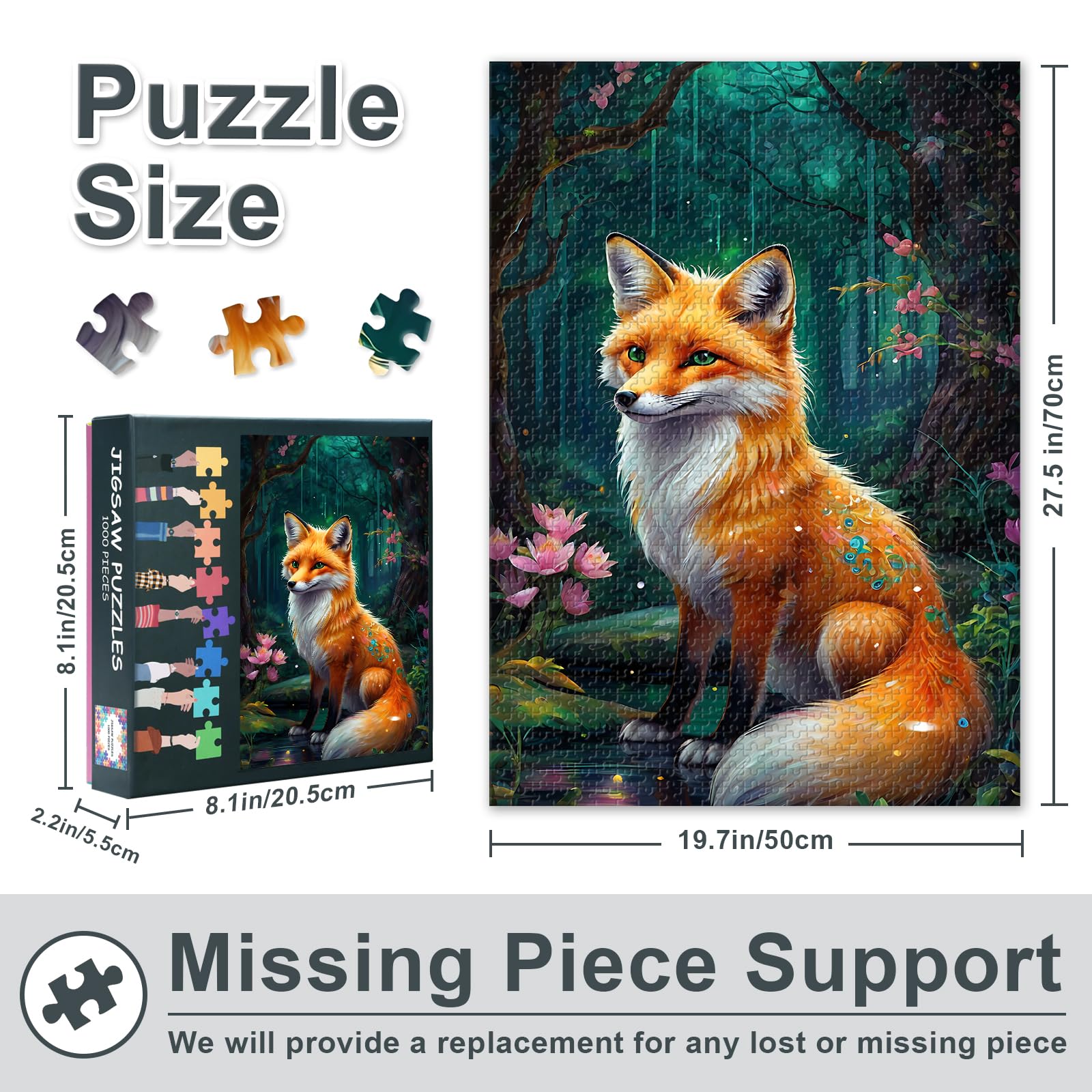 1000 Pieces Red Fox Puzzles for Adults Red Fox Jigsaw Puzzles for Wall Art Wild Animal in the Forest Intelligence Puzzle Art for Adults Home Decor Family Indoor Games 27.5"X19.7" - Image 3