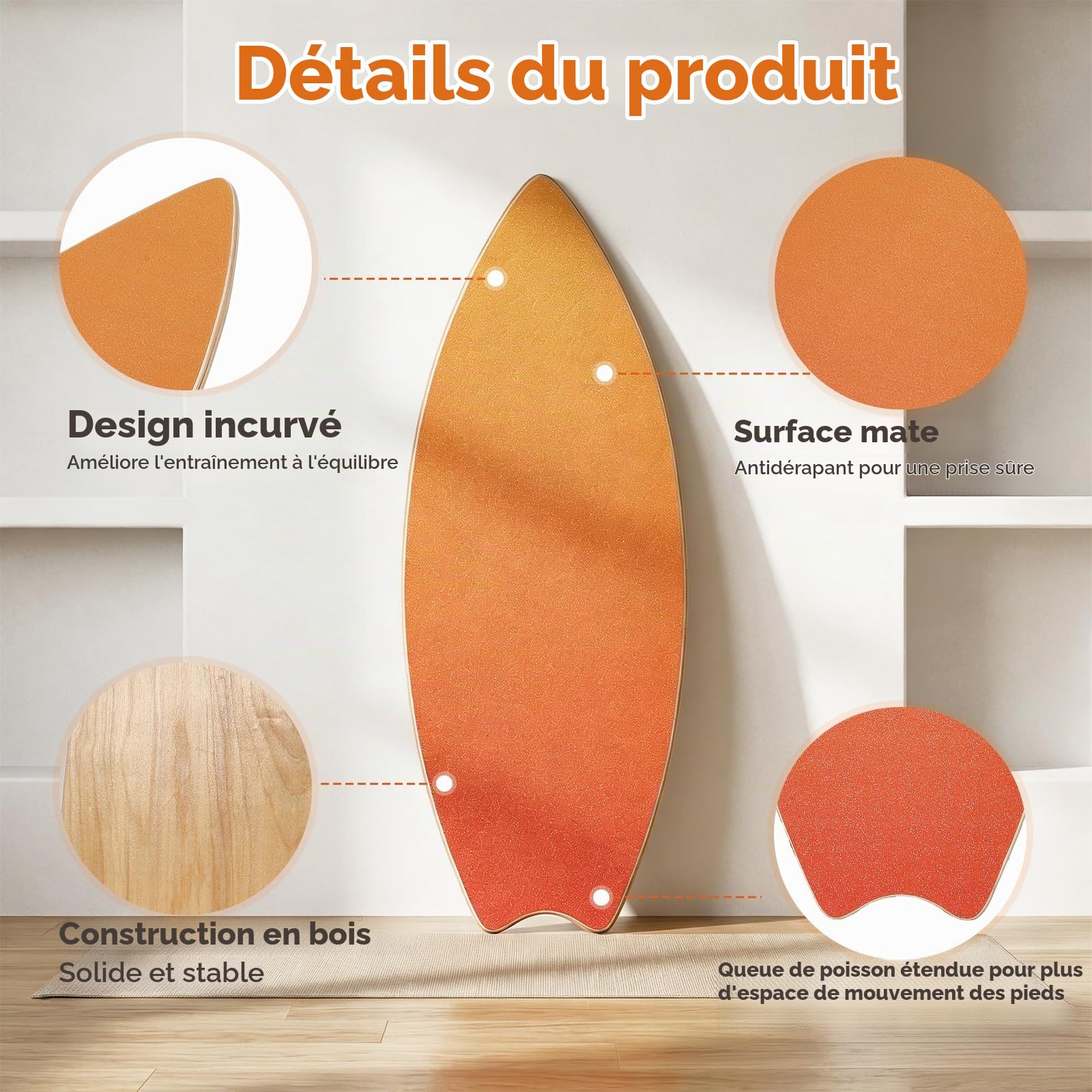 Planche d'Équilibre pour Adultes,Balance Board avec Rouleau et Balle en Liège, Antidérapant pour Gainage, pour Surf, Ski, Yoga, Rééducation, Capacité 200kg- Orange