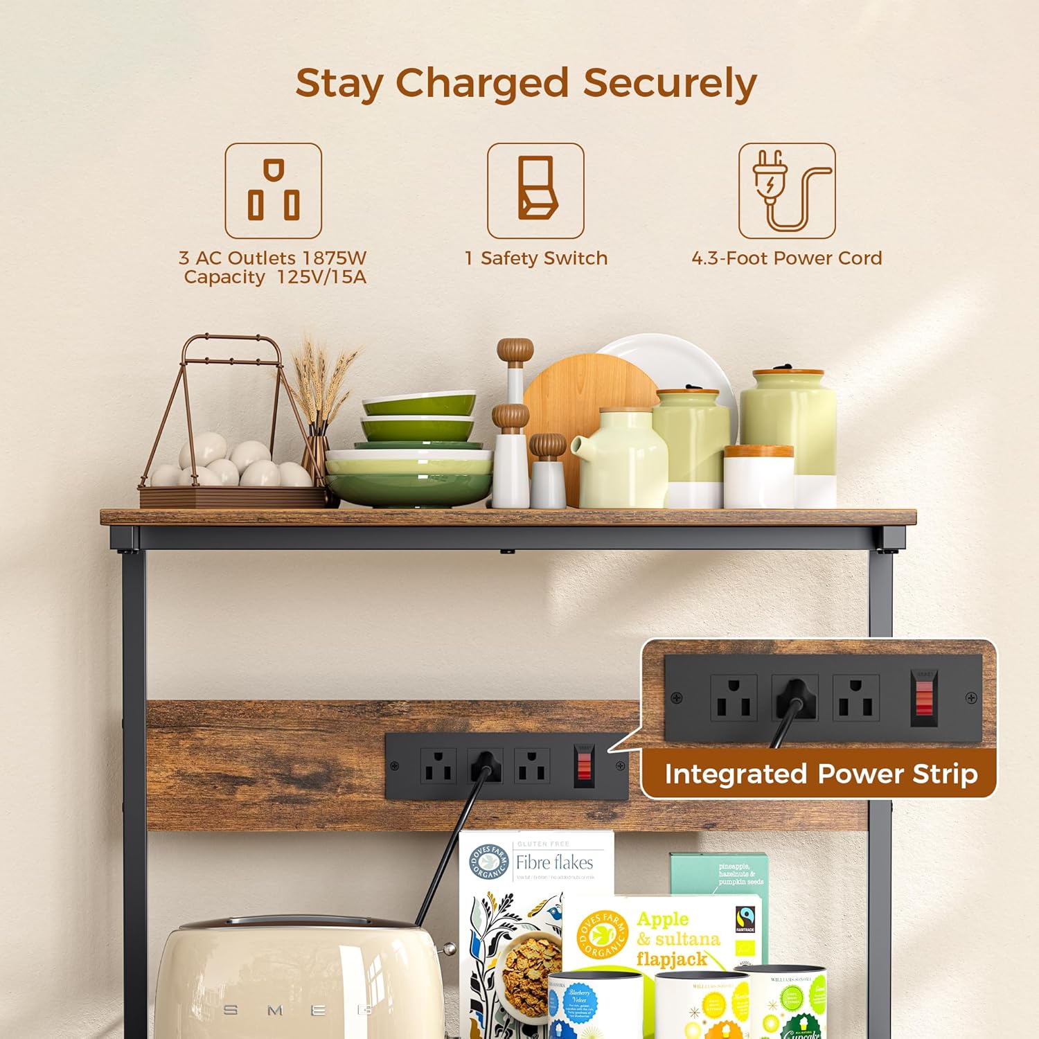 VUSIGN Kitchen Bakers Rack with Power Outlet,4-Tier Coffee Stand with 6 S Hooks,Adjustable Kitchen Microwave Stand,Appliance Storage Shelf Rack for Spices,Pots and Pans,Rustic Brown,23.6" W